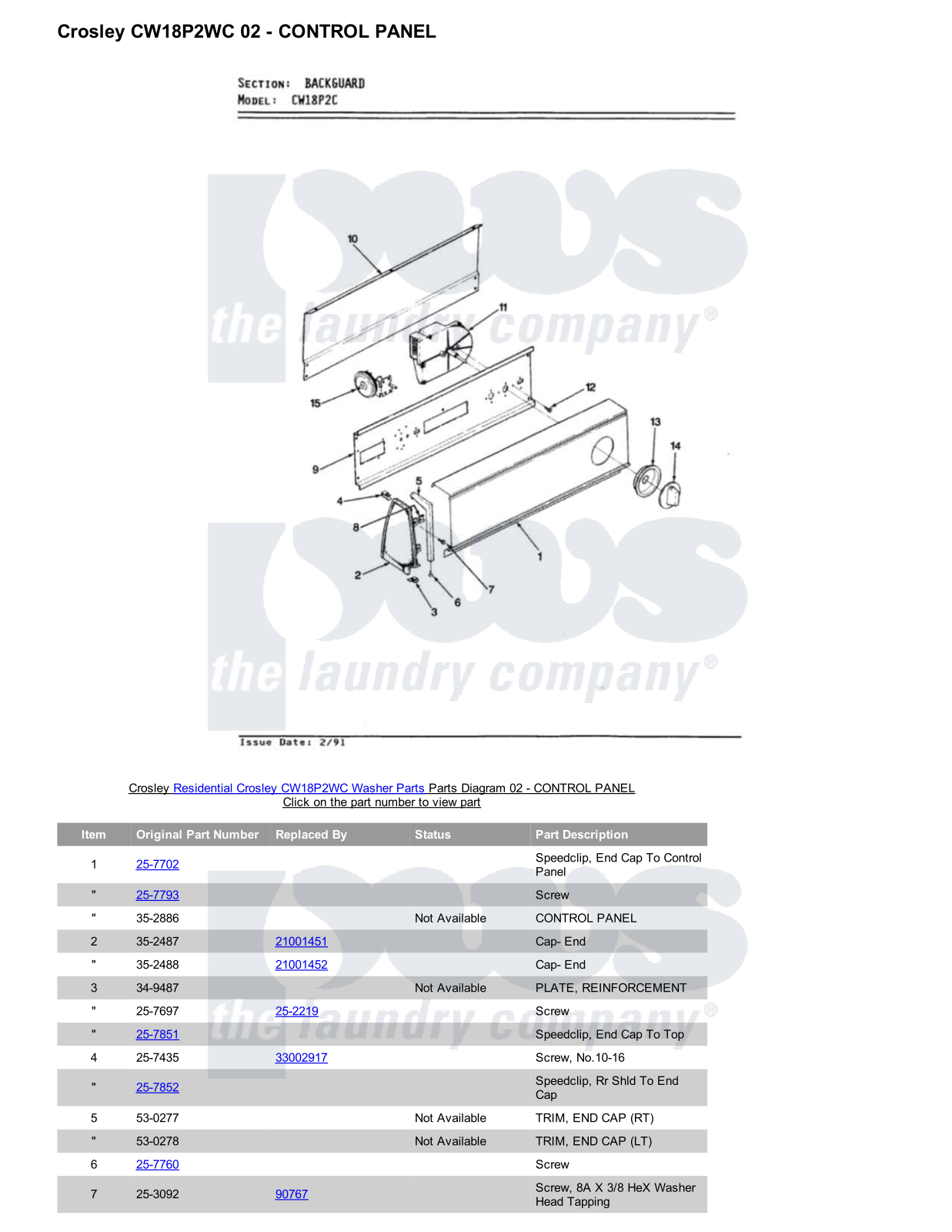 Crosley CW18P2WC Parts Diagram