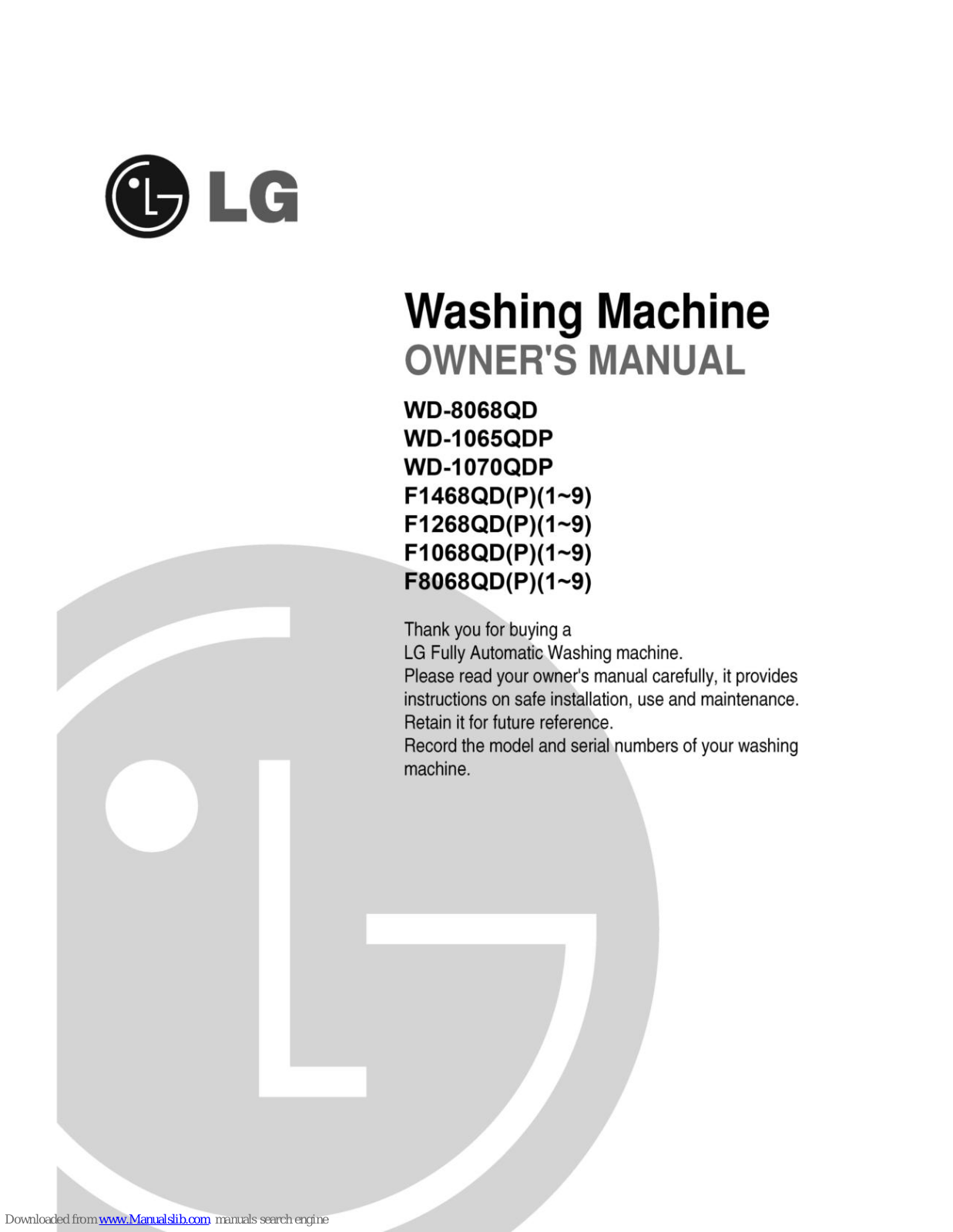 LG WD-1065QDP, F1468QD(P)(1~9), F1268QD(P)(1~9), F1068QD(P)(1~9), F8068QD(P)(1~9) Owner's Manual