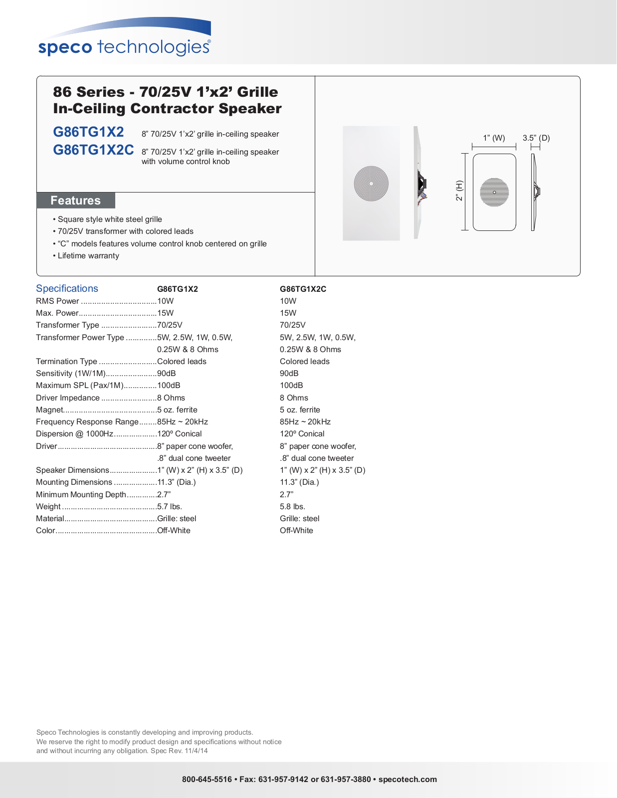 Speco G86TG1X2C, G86TG1X2 Specsheet