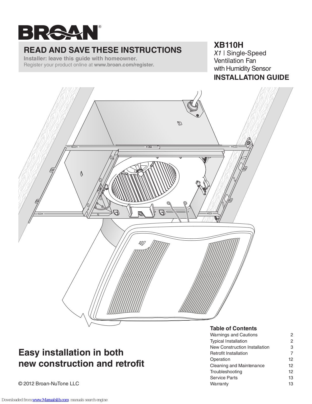 Broan XB110H, XB110HL, ZB80M, ZB110M, ZB110HL1 Installation Manual