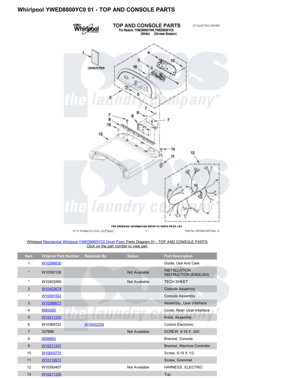 Whirlpool YWED8800YC0 Parts Diagram