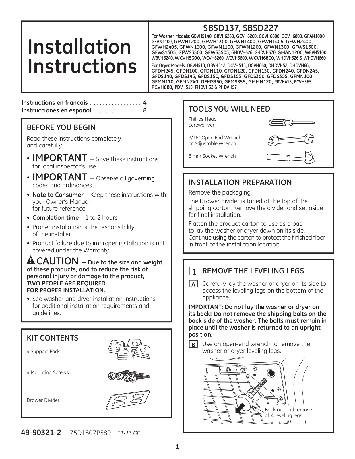 GE SBSD137HWW, SBSD137HBB Installation Guide