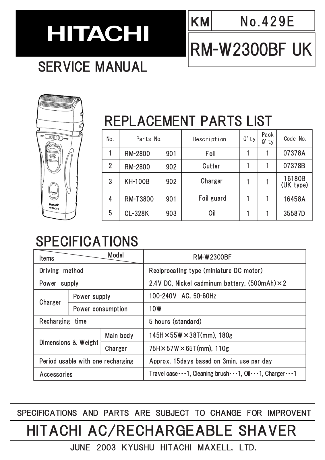 Hitachi RM-W2300BF Service Manual