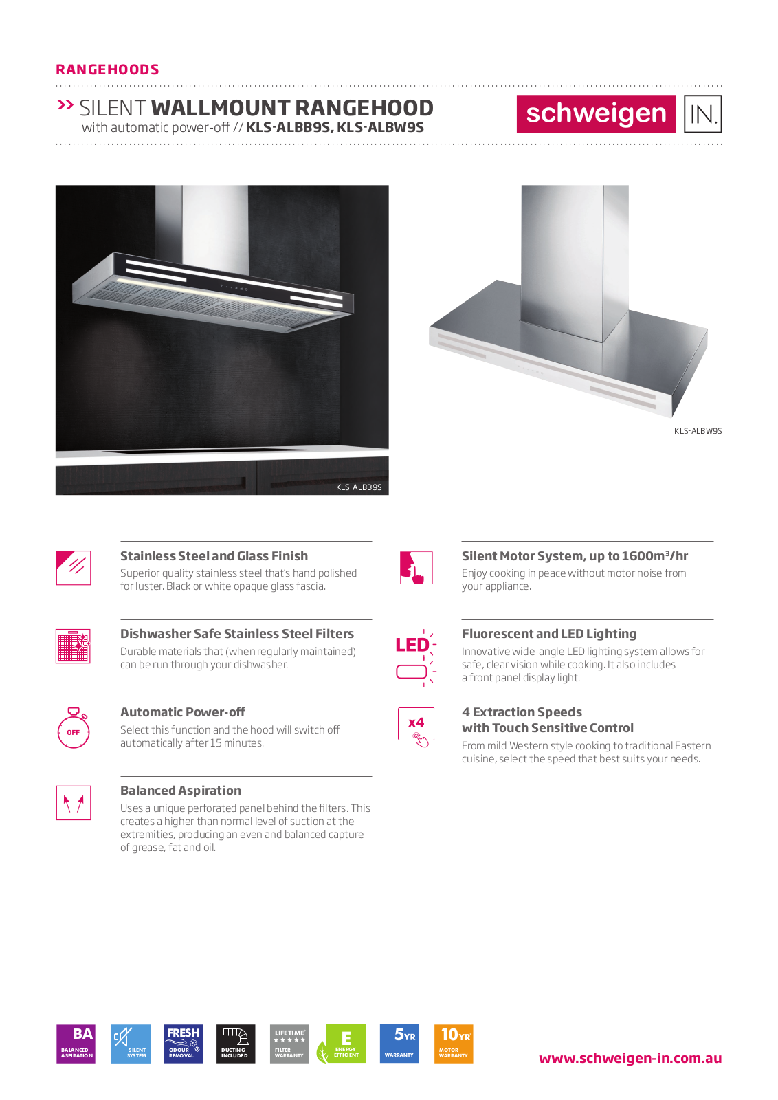 Schweigen PKKLS-ALBB9SP, PKKLS-ALBB9ST, PKKLS-ALBB9S1, PKKLS-ALBW9SP, PKKLS-ALBW9S1 Specifications Sheet