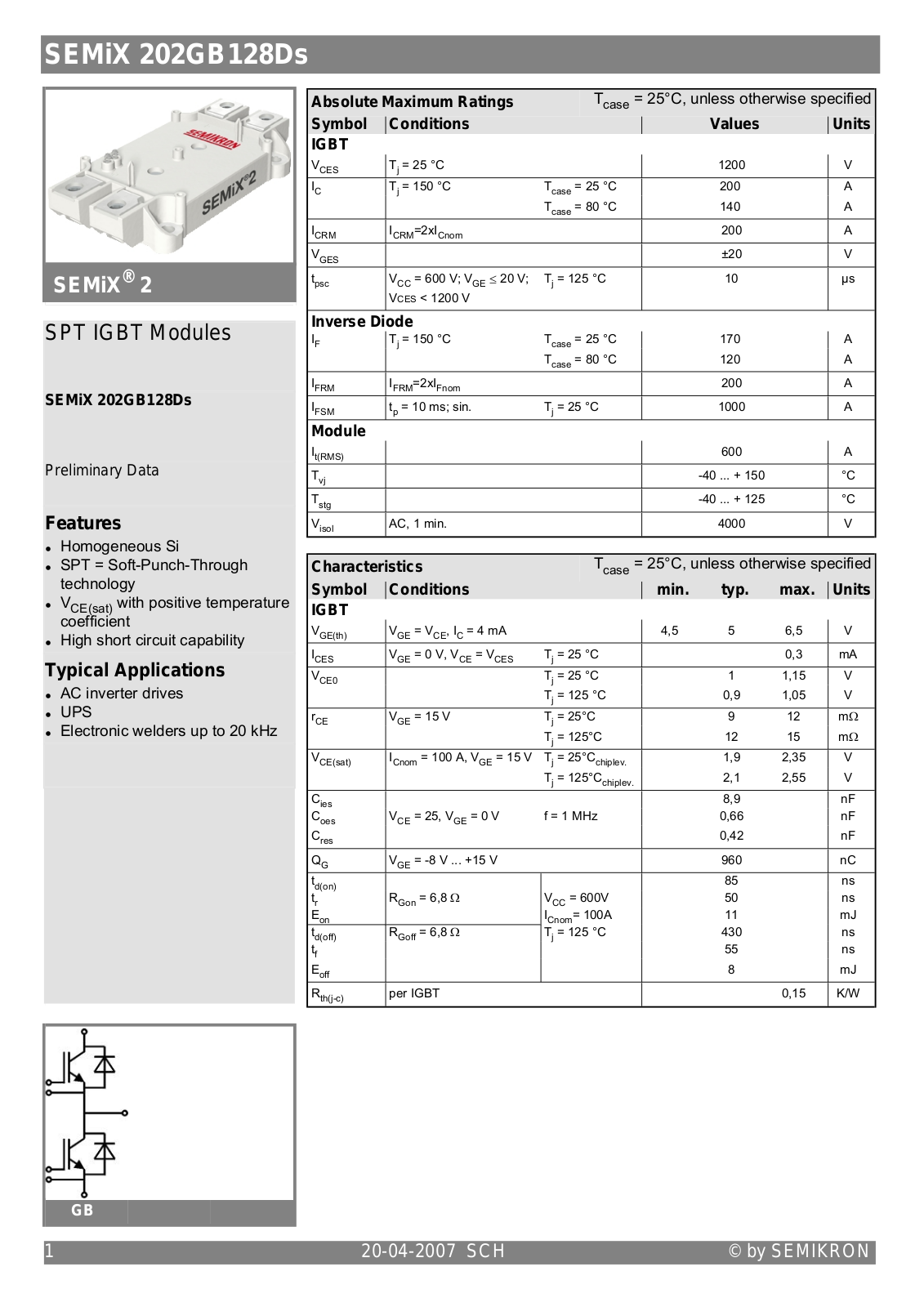 Semikron SEMIX202GB128DS Data Sheet