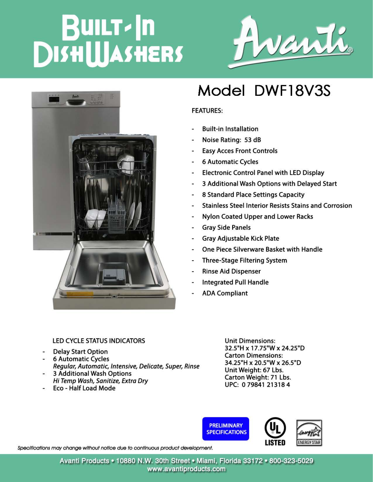 Avanti DWF18V3S Specification Sheet