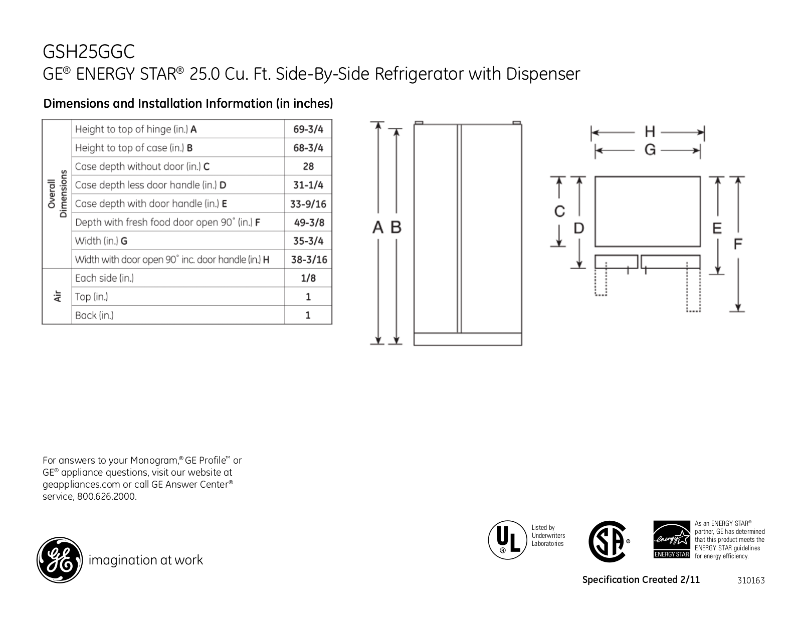 GE GSH25GGC Specification