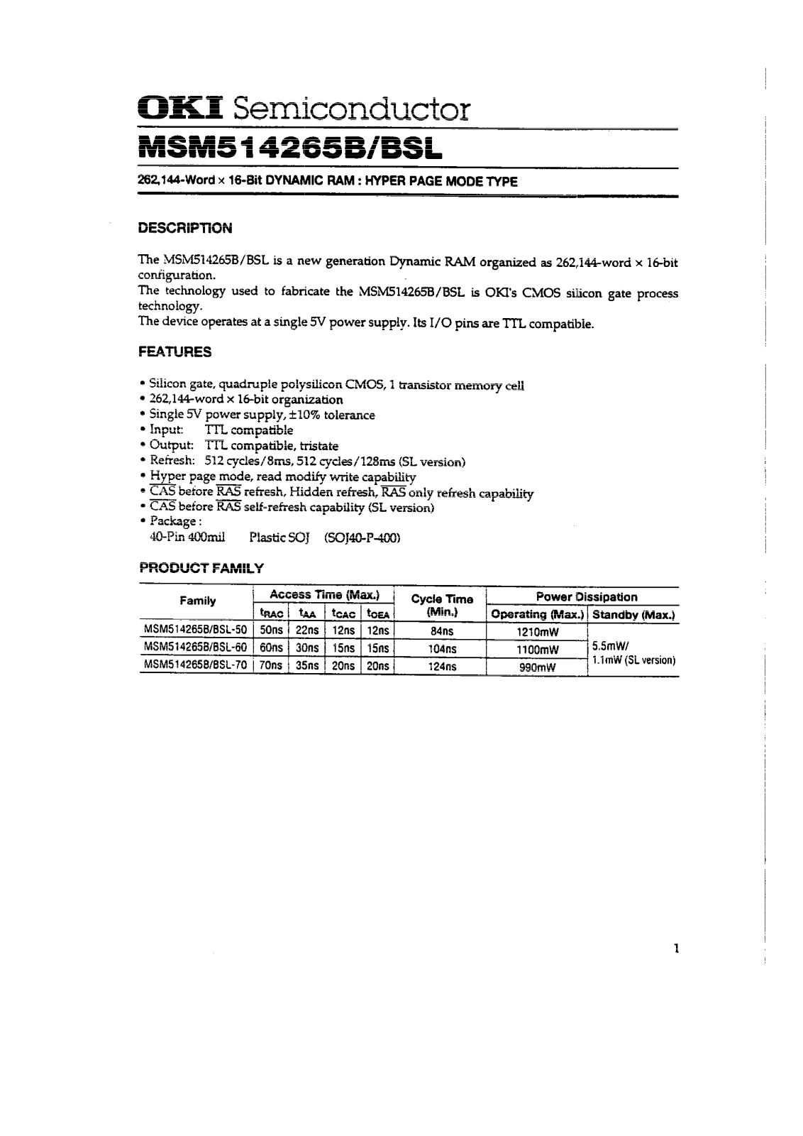 OKI MSM514265BSL-70, MSM514265BSL-50, MSM514265B-50, MSM514265B-60, MSM514265BSL-60 Datasheet