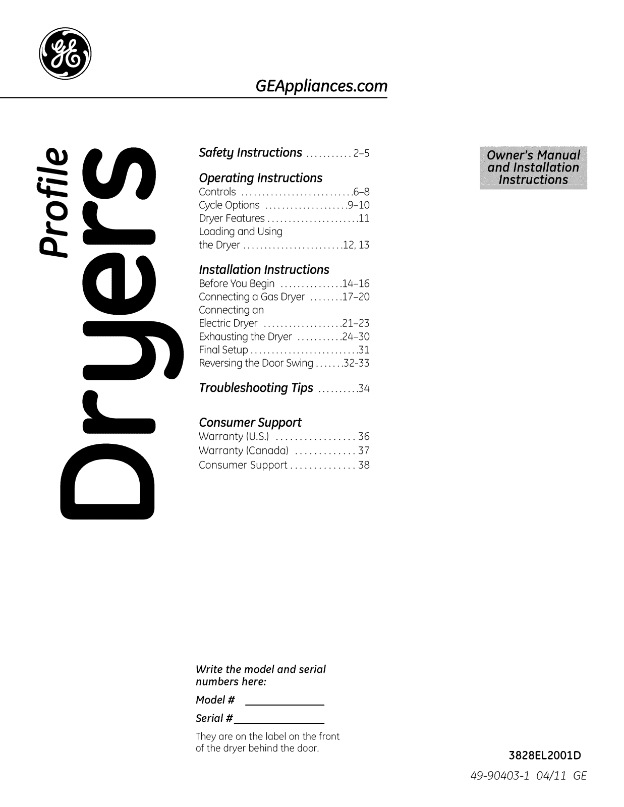 GE PTDS855GM0MS, PTDS850GM0WW, PTDS850EM0WW, PTDN850GM0WW, PTDN805GM0MS Owner’s Manual