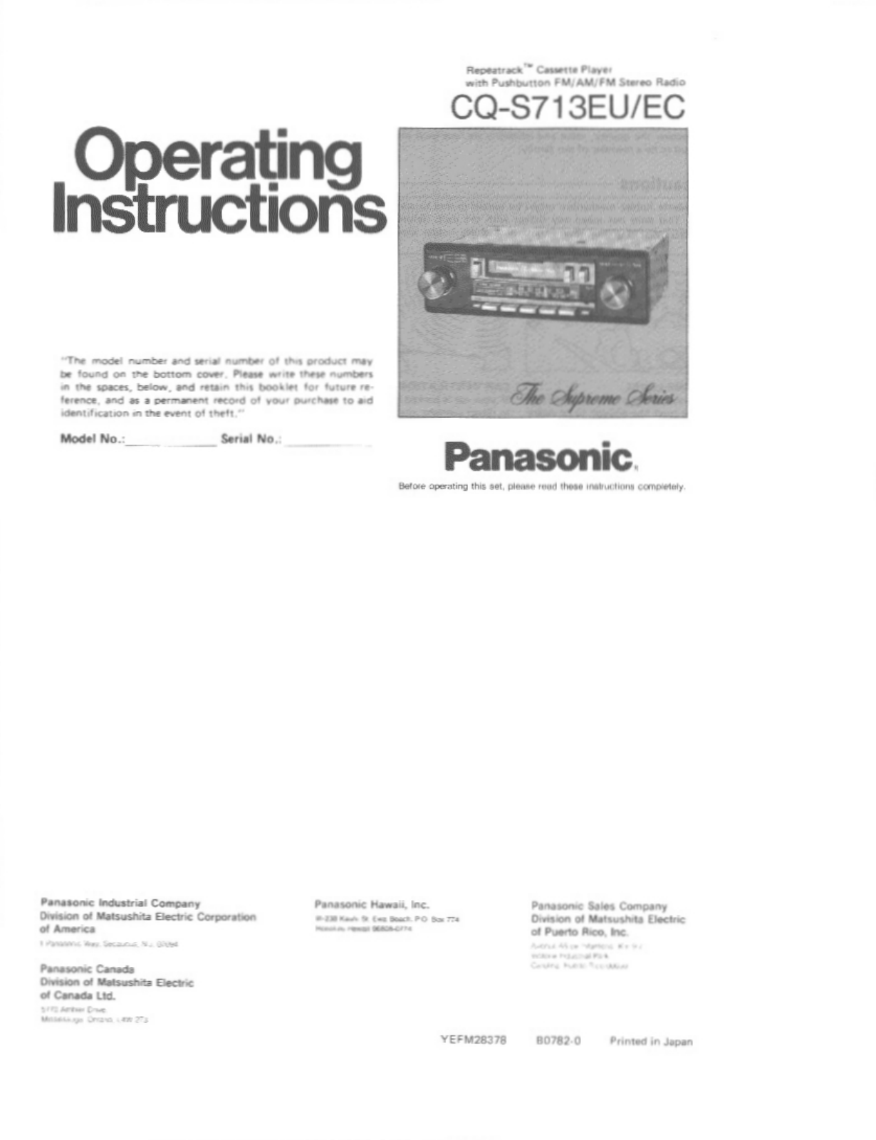 Panasonic cqs713eu, cqs713ec Operation Manual