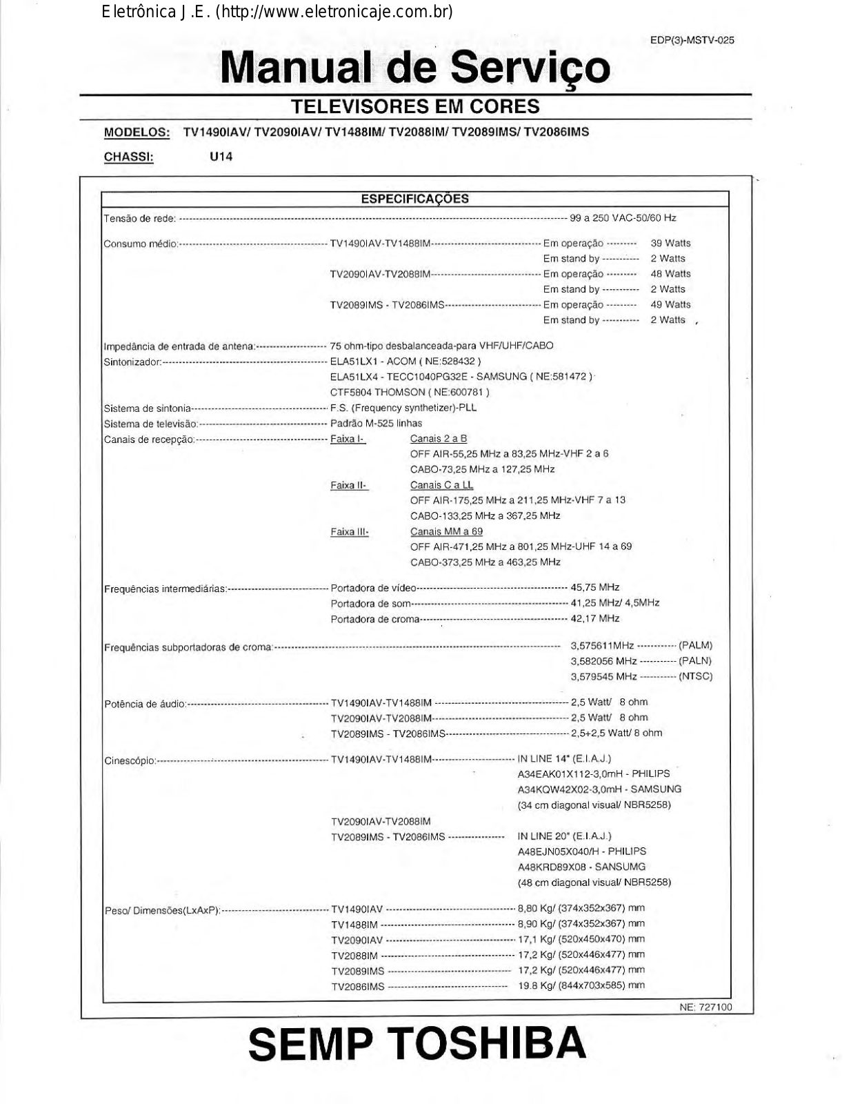 Toshiba TV1490IAV, TV2090IAV, TV1488IM, TV2088IM, TV2089IMS Service Manual