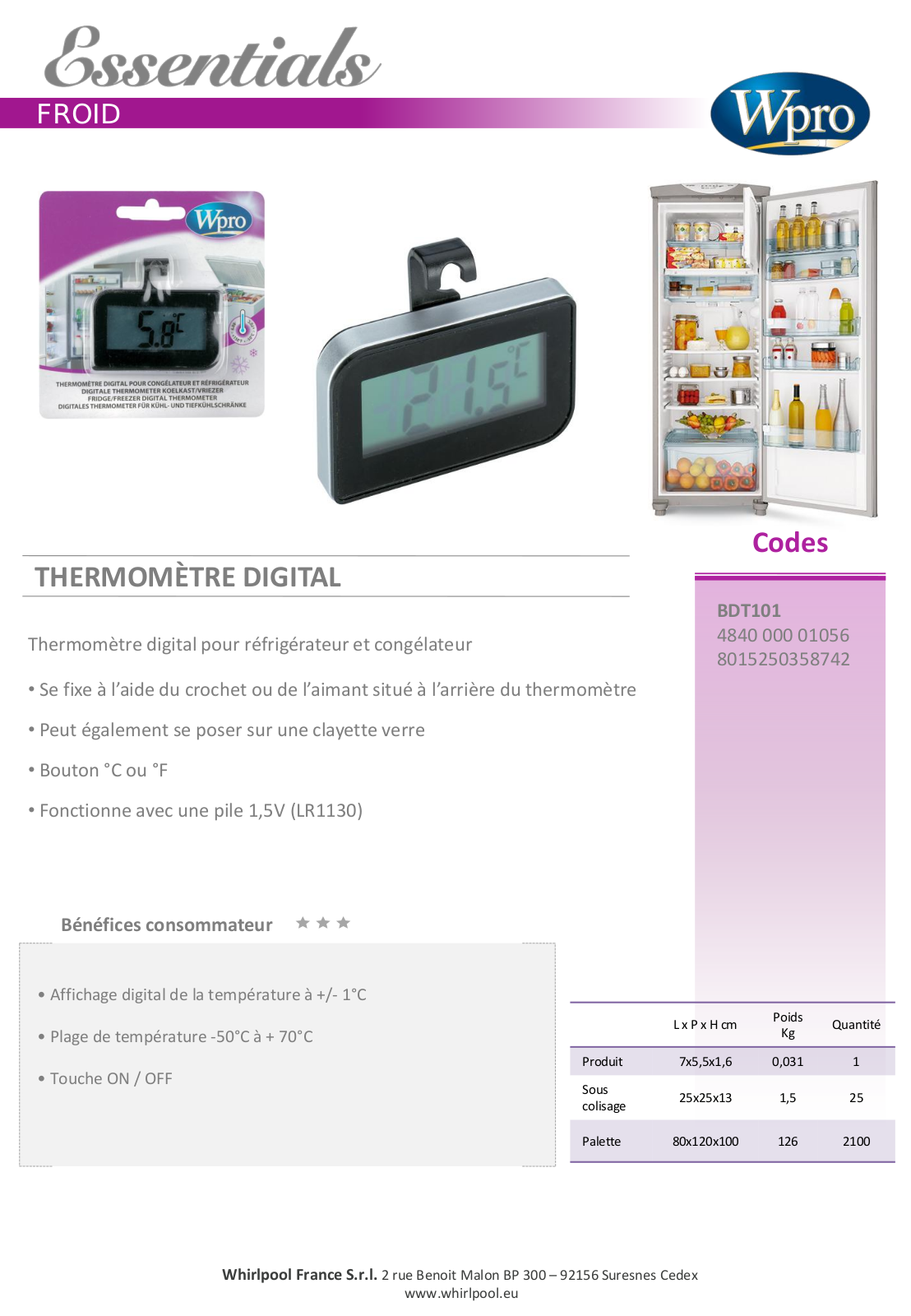 Wpro BDT101 product sheet