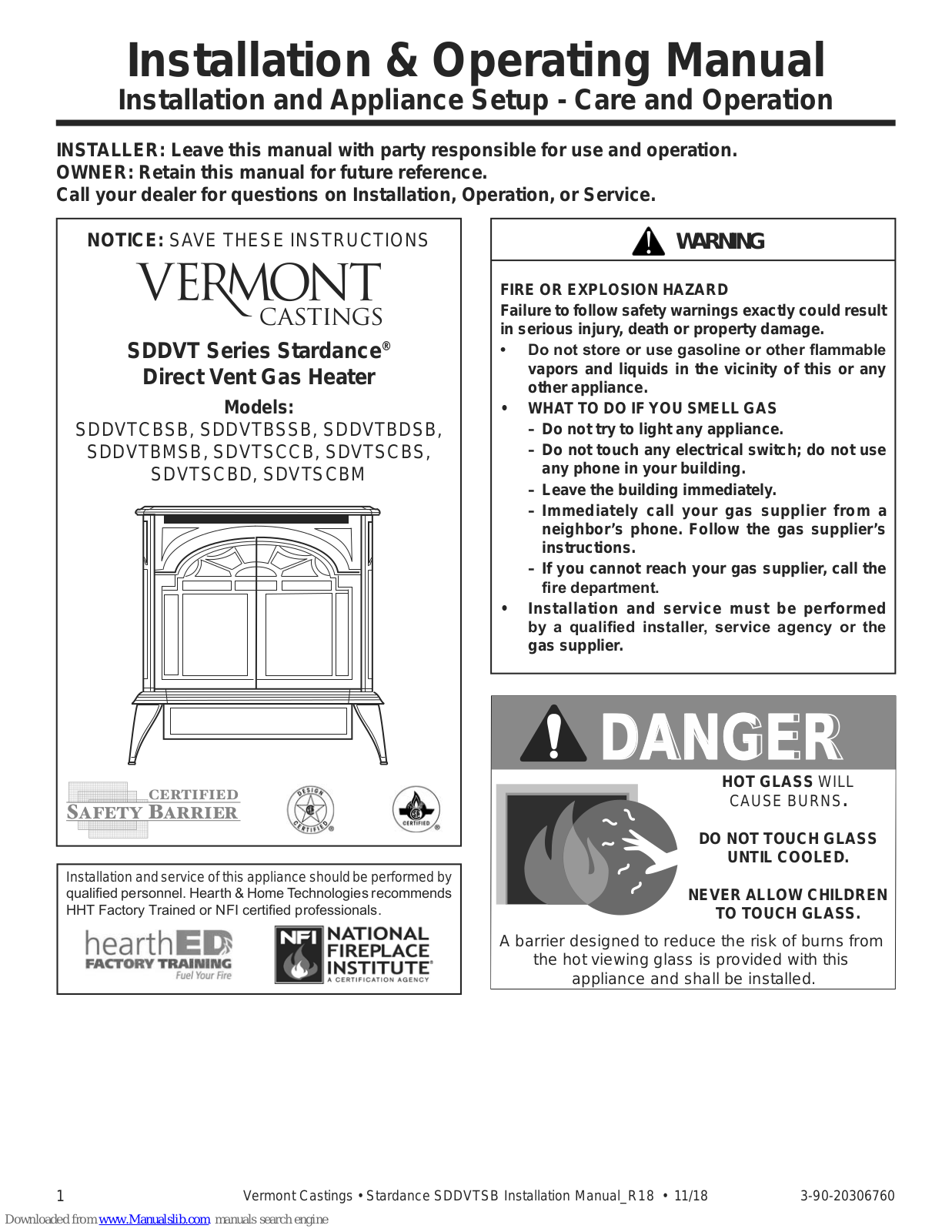 Vermont Castings Stardance SDDVTBMSB, Stardance SDDVTBSSB, Stardance SDVTSCCB, Stardance SDVTSCBS, Stardance SDVTSCBD Installation & Operating Manual