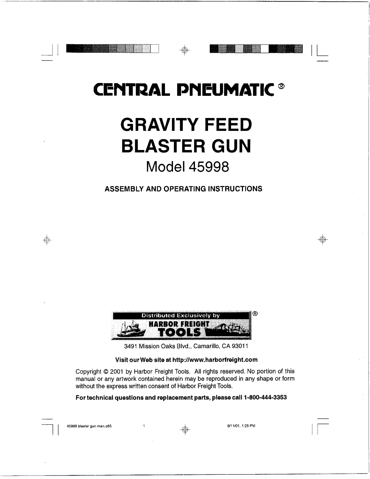 Central Pneumatic 45998 User Manual