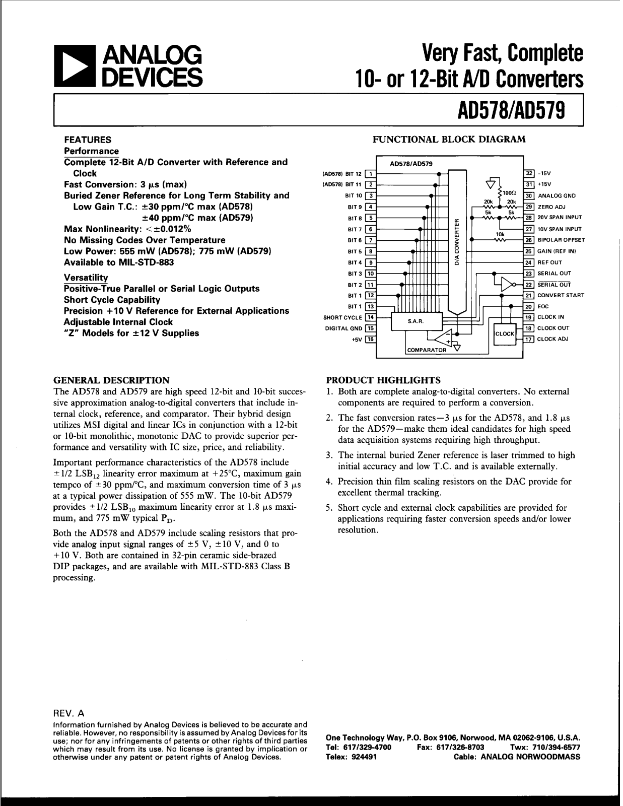 Analog Devices AD579, AD578 Datasheet