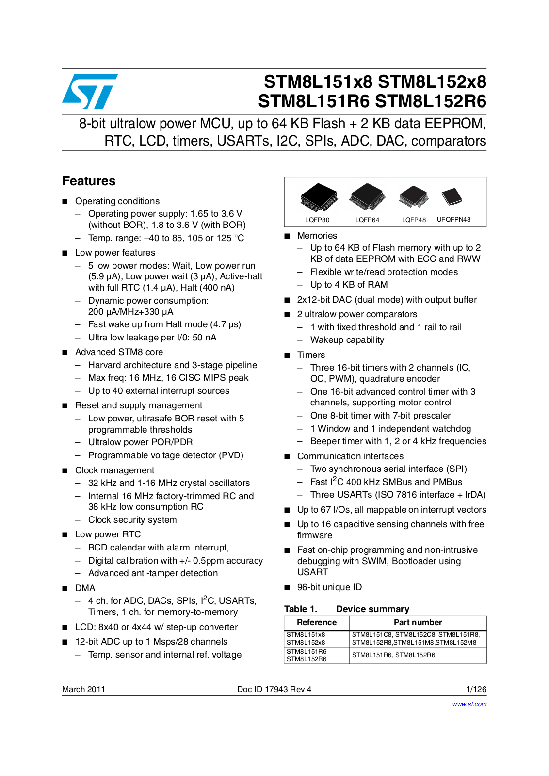 ST STM8L151x8, STM8L152x8, STM8L151R6, STM8L152R6 User Manual