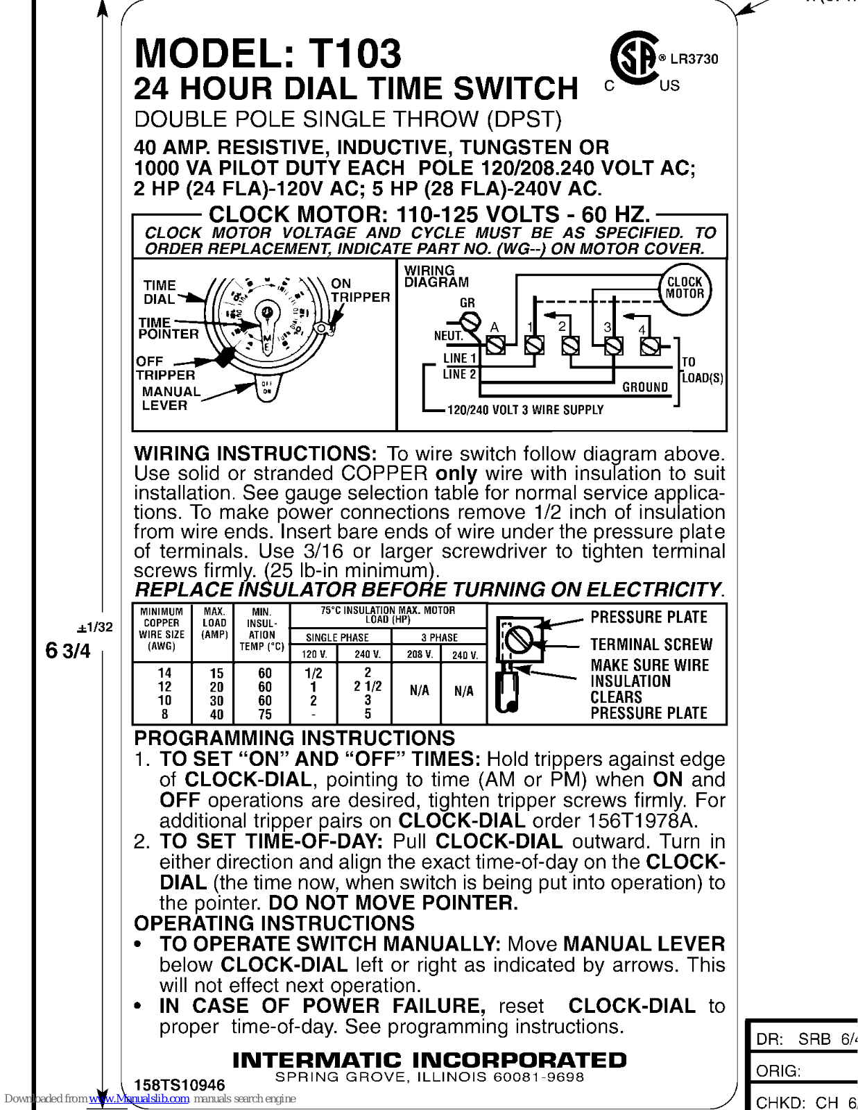 Intermatic T103 Supplementary Manual