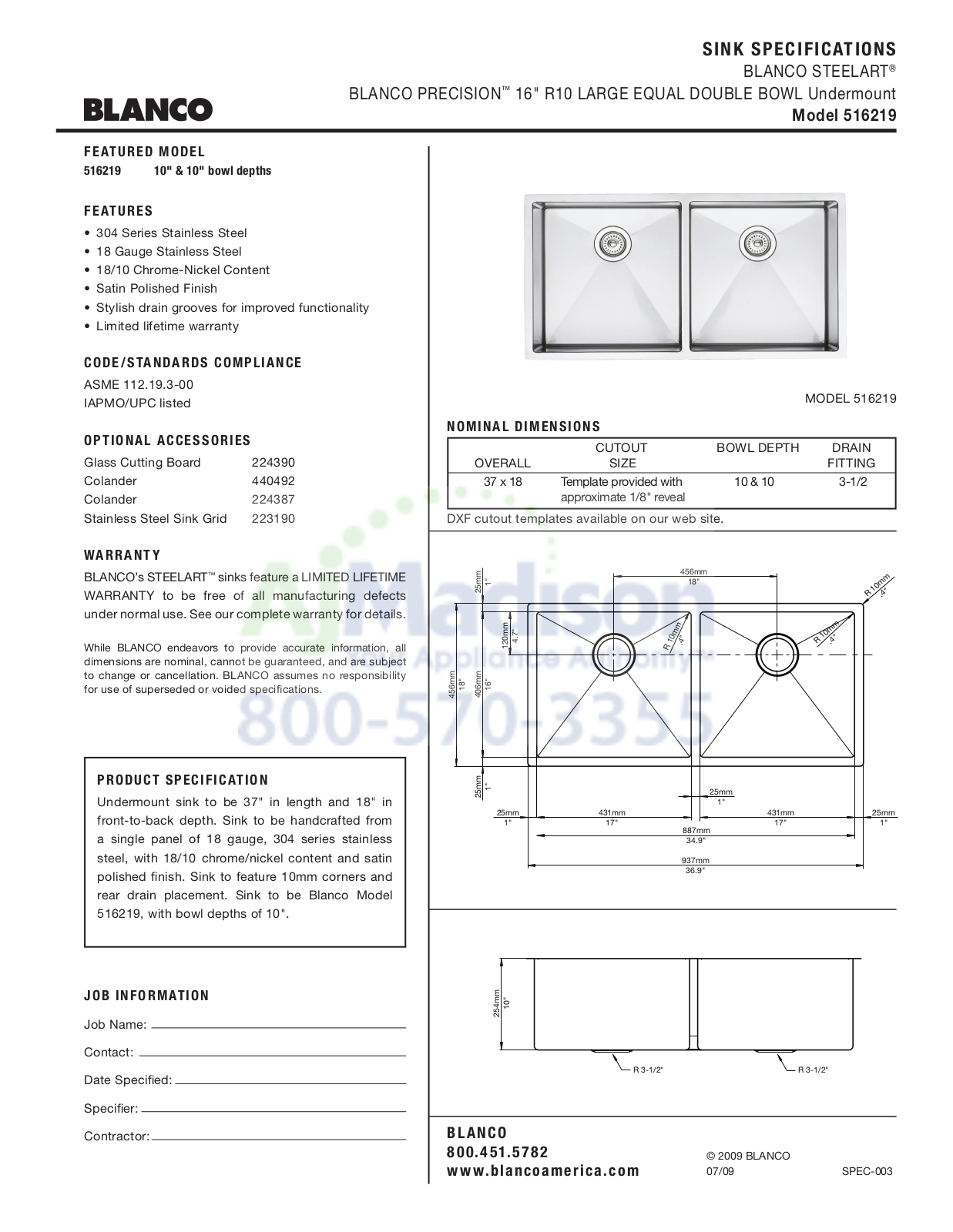 Blanco 516219 Specs