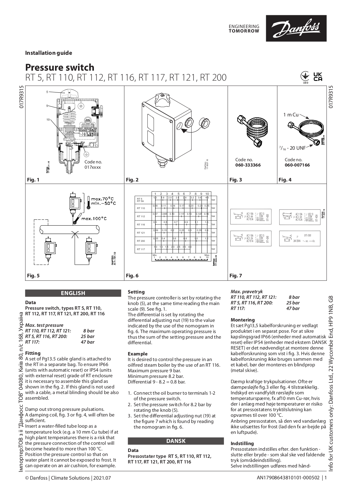 Danfoss RT 5, RT 110, RT 112, RT 116, RT 117 Installation guide