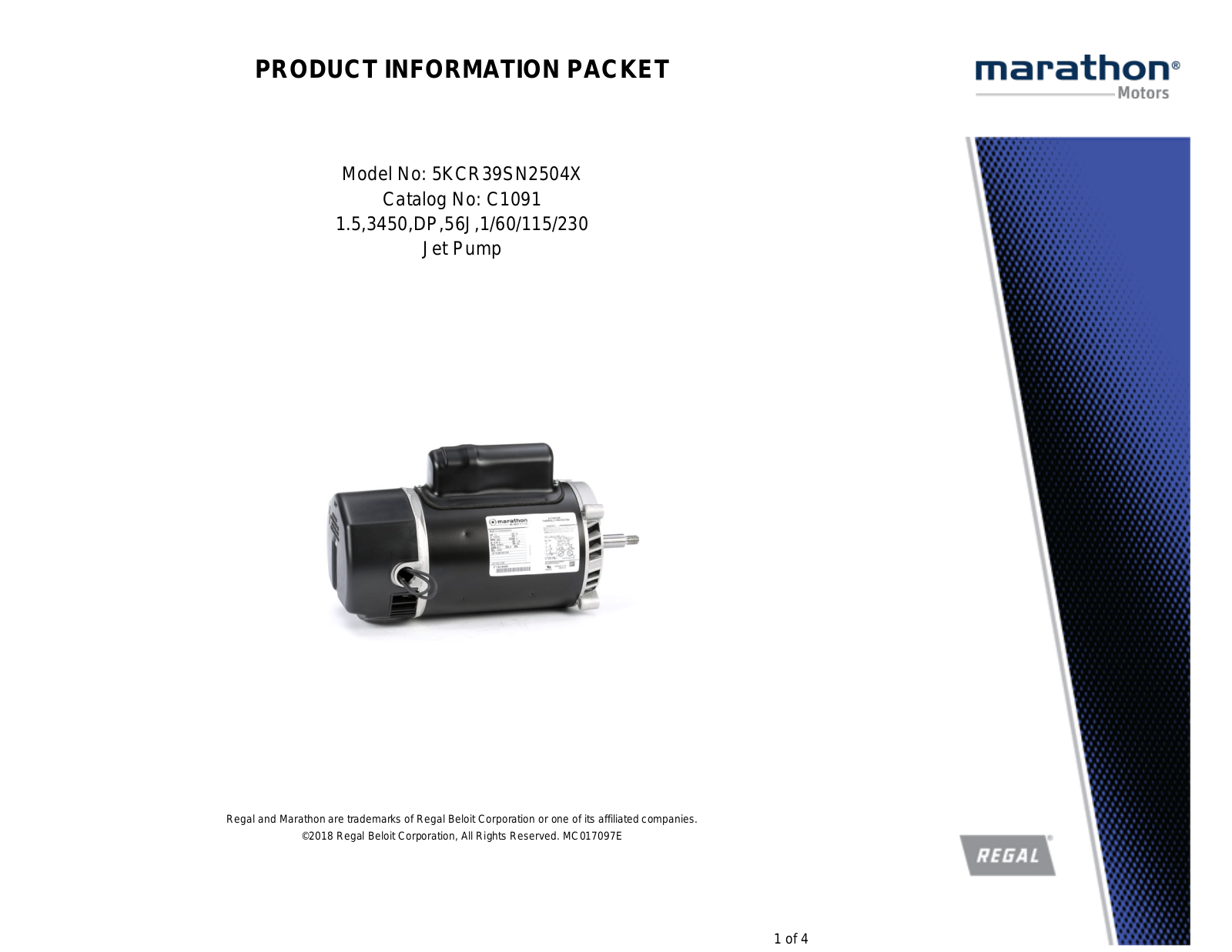 Marathon Electric 5KCR39SN2504X Product Information Packet