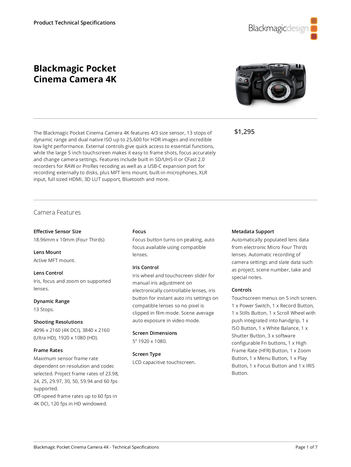 Blackmagic Design Pocket Cinema Camera 4K User Manual