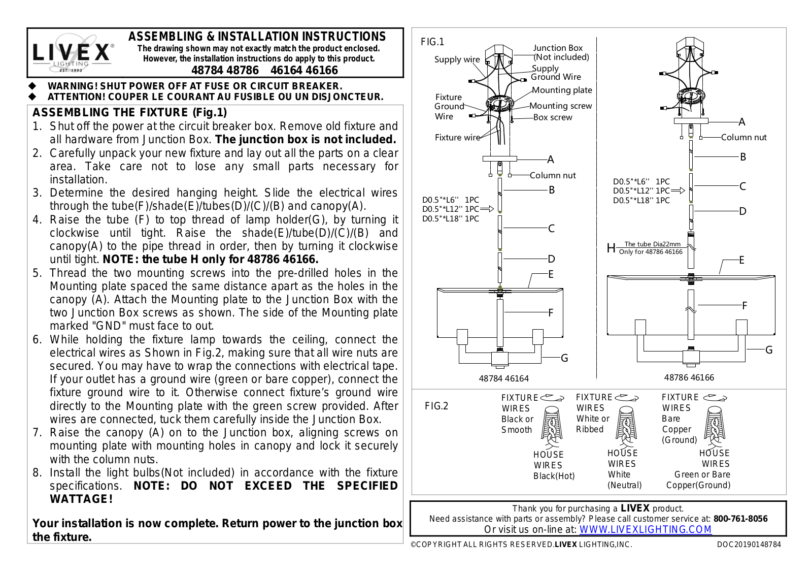 Livex 48786, 46164, 48784, 46166 User Manual