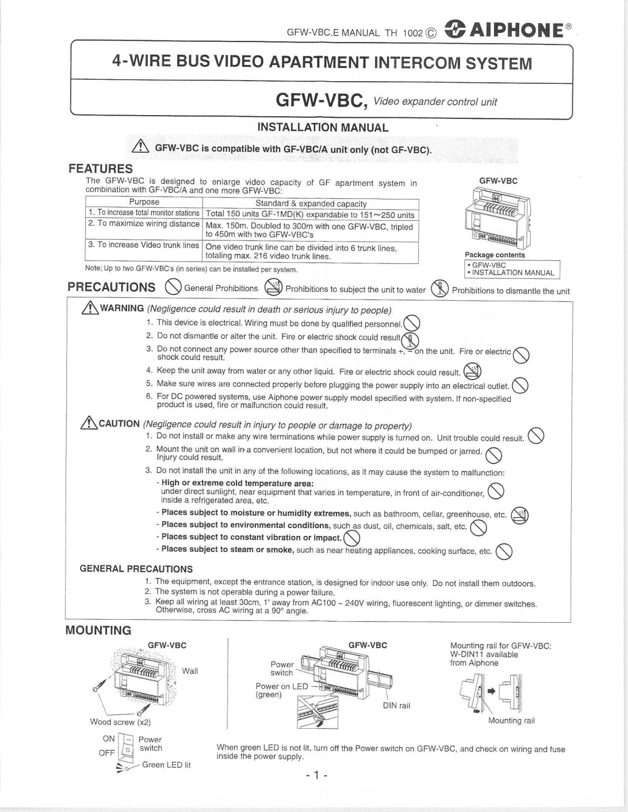 Aiphone GFW-VBC User Manual