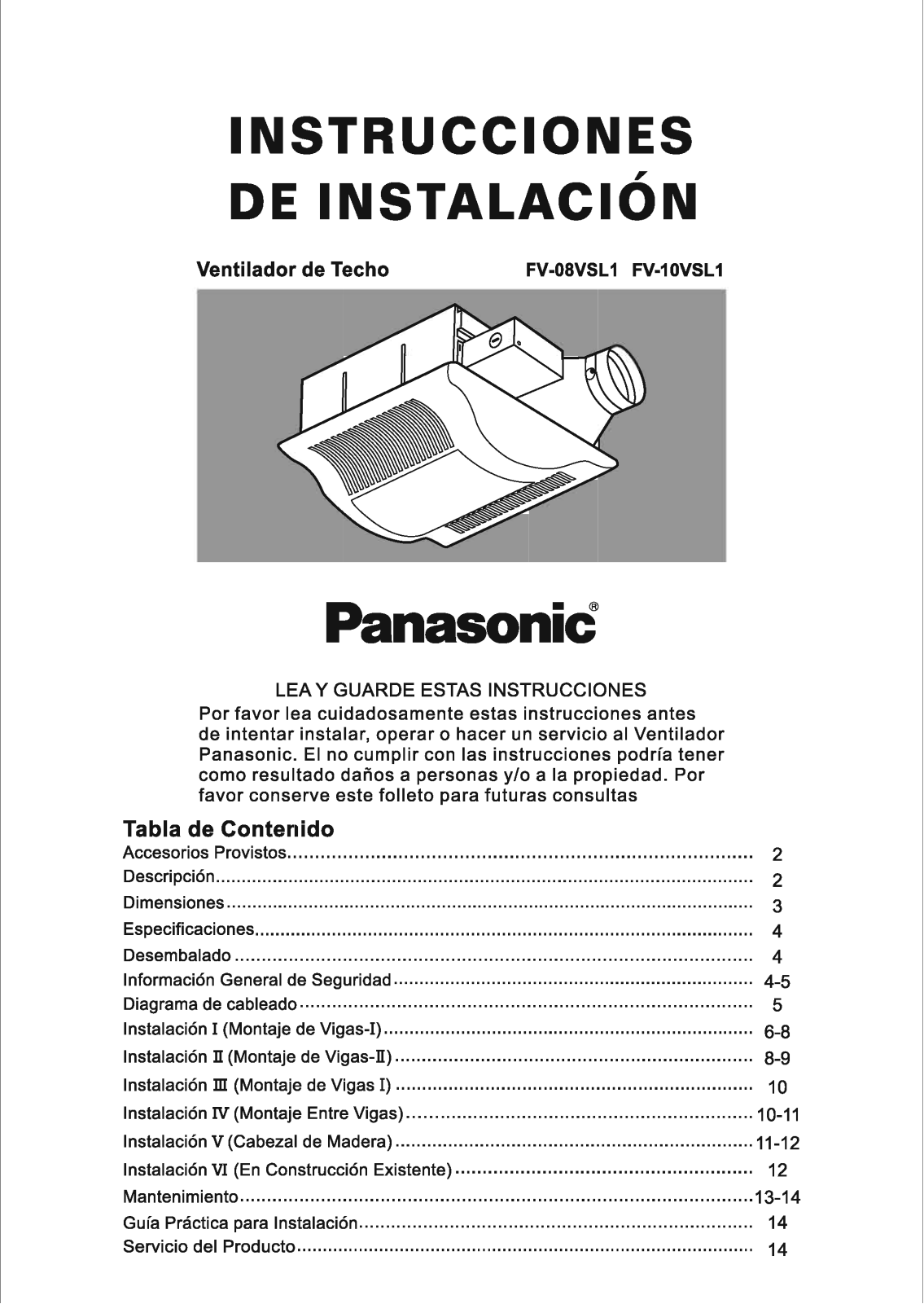 Panasonic FV-10VSL1 Installation