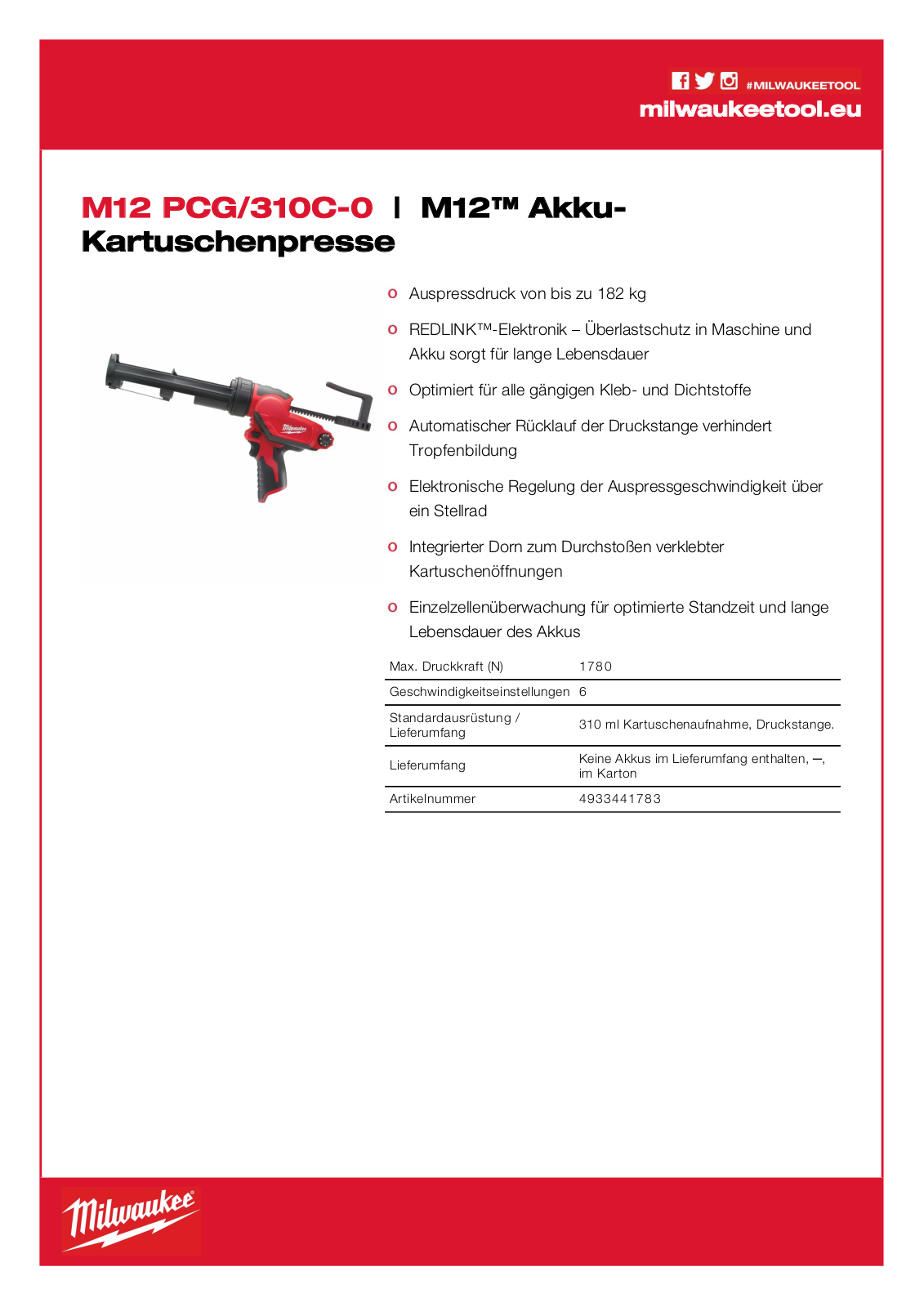 Milwaukee M12 PCG-310C-0 User Manual