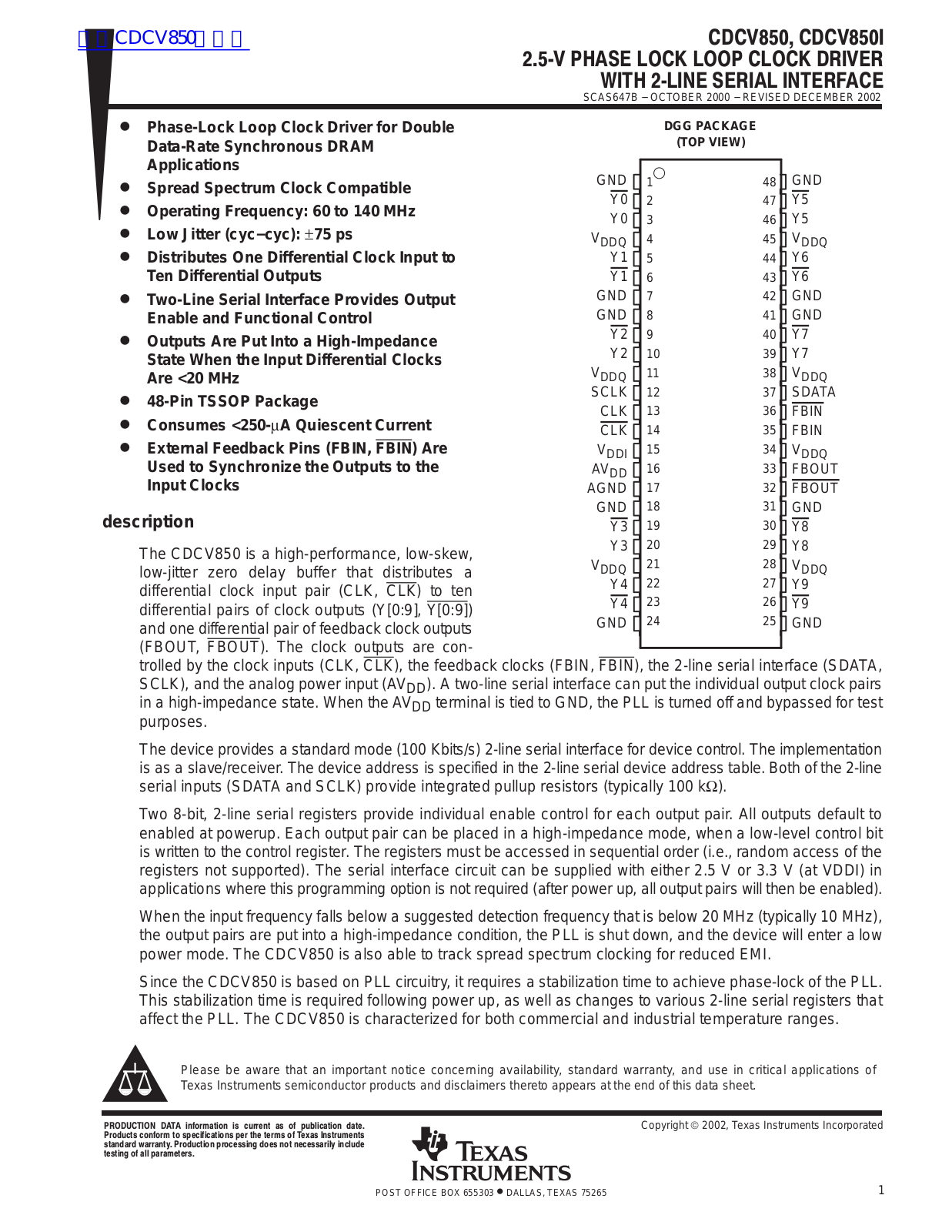 TEXAS INSTRUMENTS CDCV850 Technical data