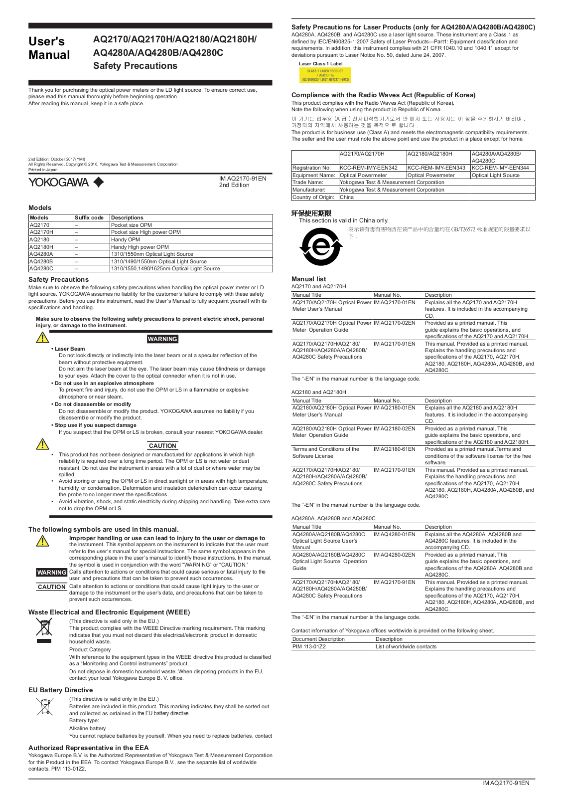 YOKOGAWA AQ2170, AQ2180, AQ2180H, AQ2170H, AQ4280A User Manual