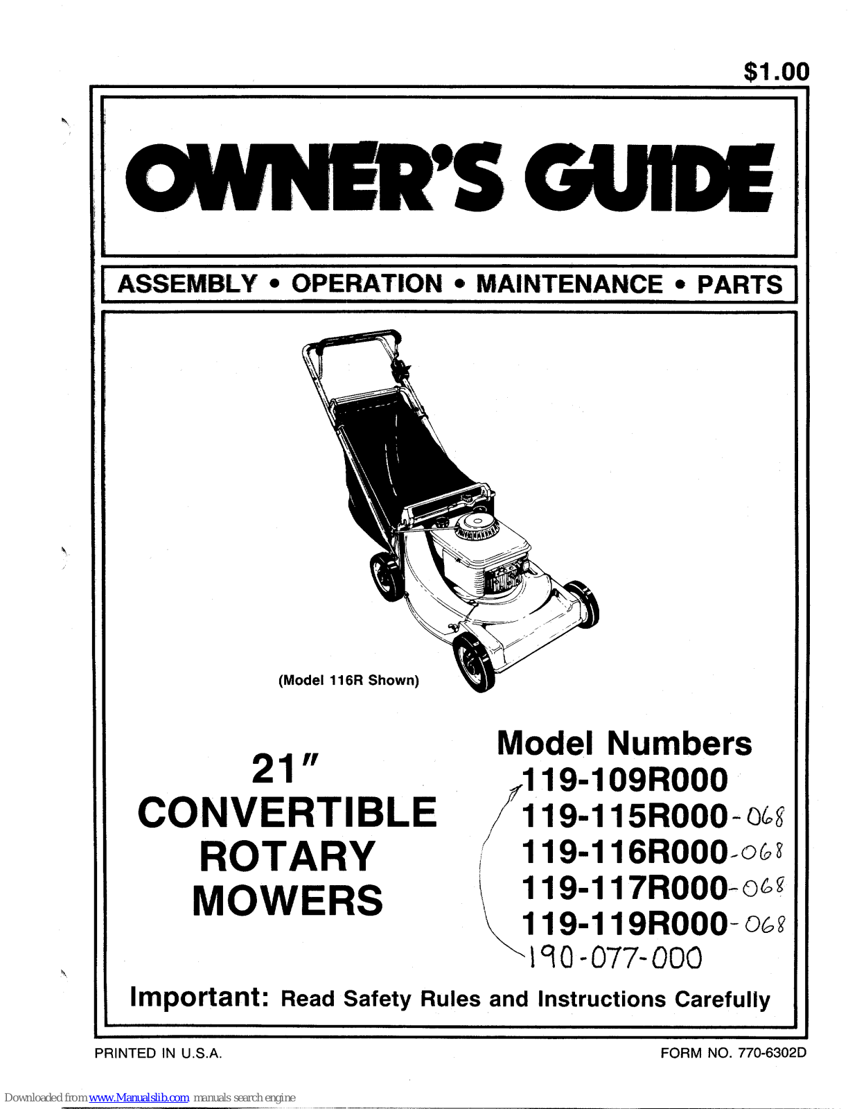 MTD 119-109R000, 119-115R000-068, 119-116R000-068, 119-117R000-068, 119-119R000-068 Owner's Manual