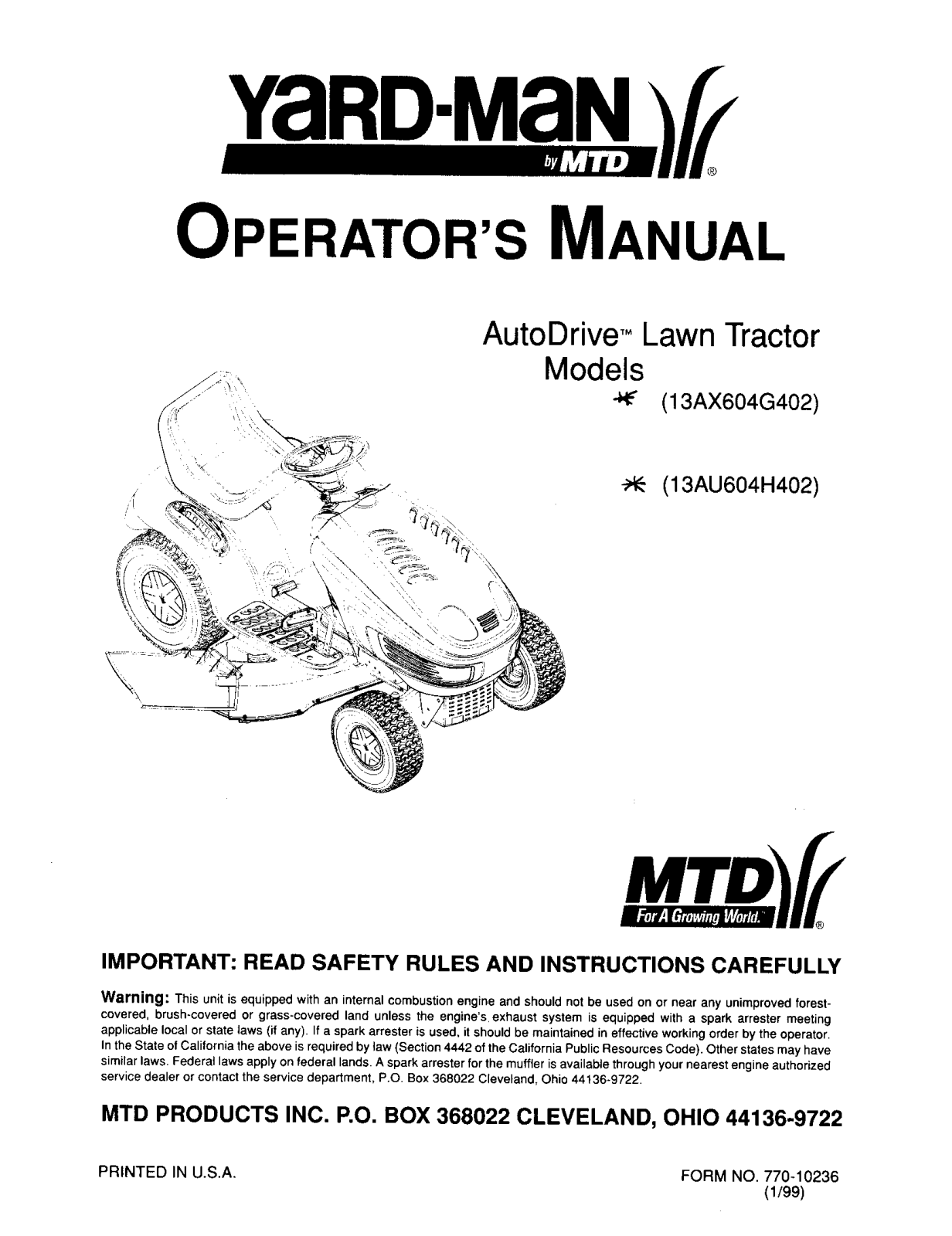 MTD 13AX604G402, 13AU604H402 Owner’s Manual