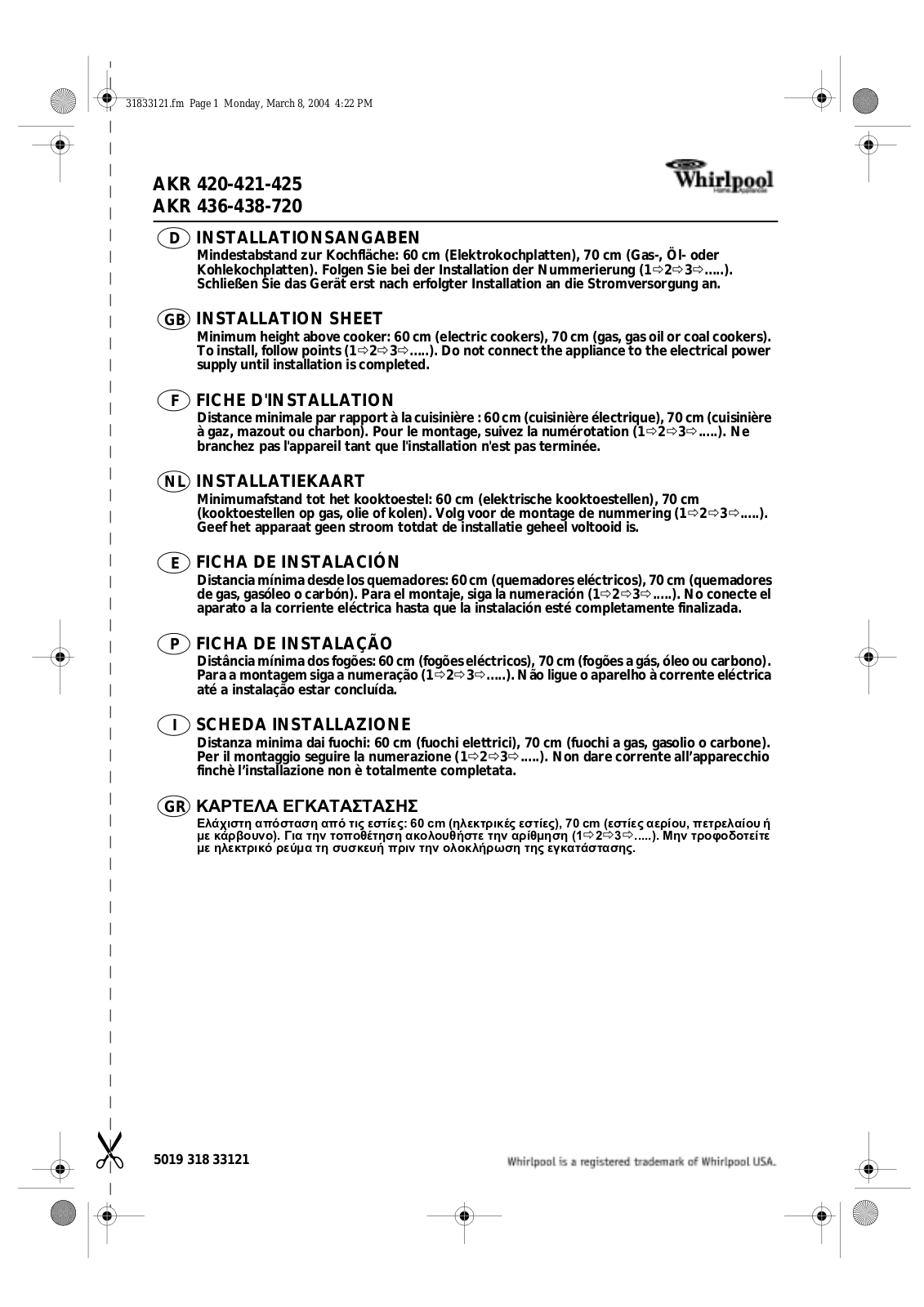 Whirlpool AKR 438 NB, AKR 438 WH INSTRUCTION FOR USE