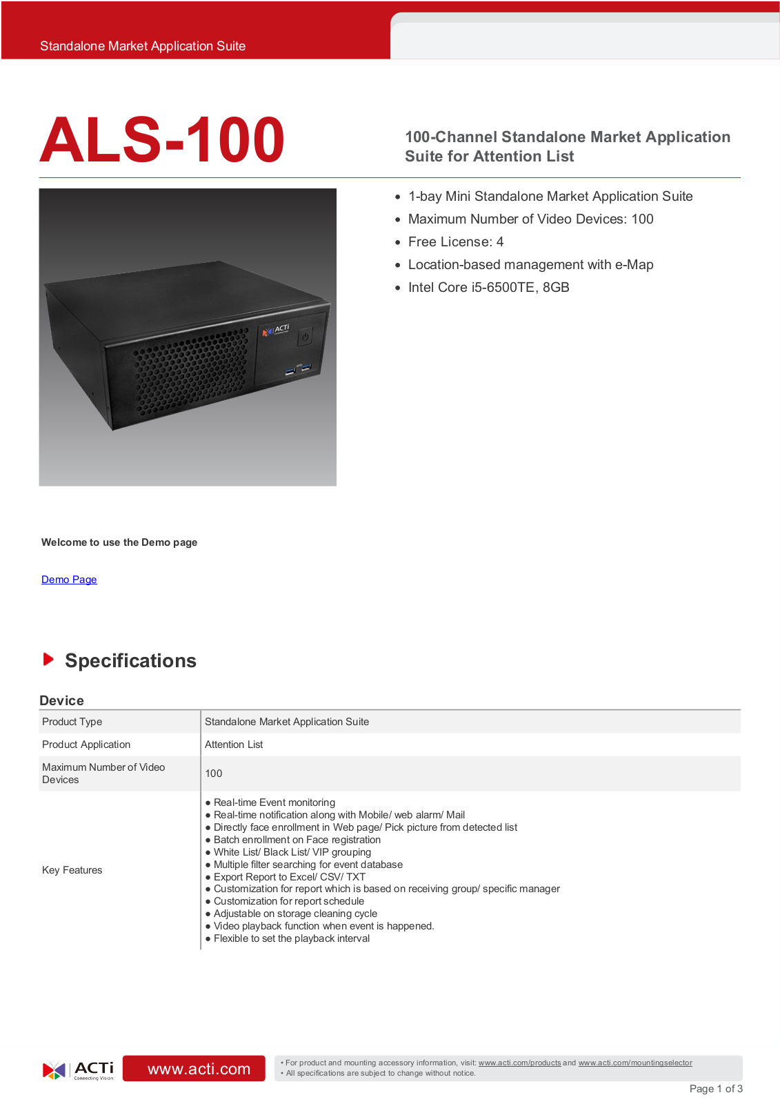 ACTi ALS-100 Specsheet