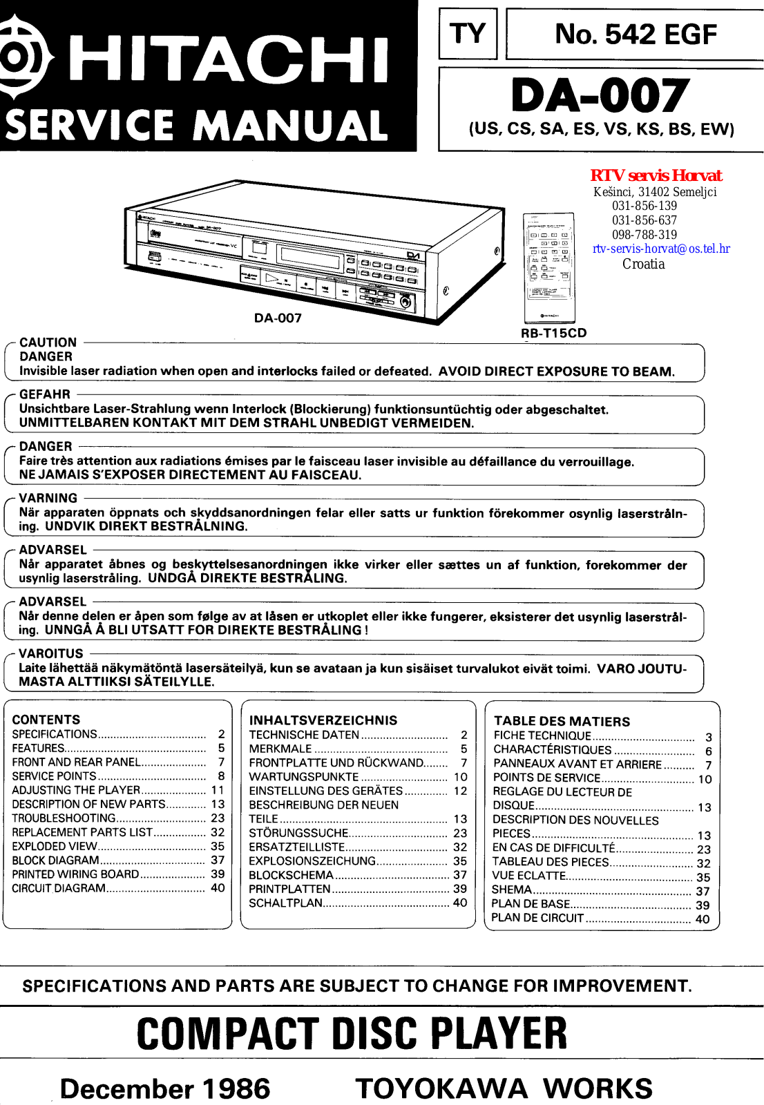 Hitachi DA-007 Service manual