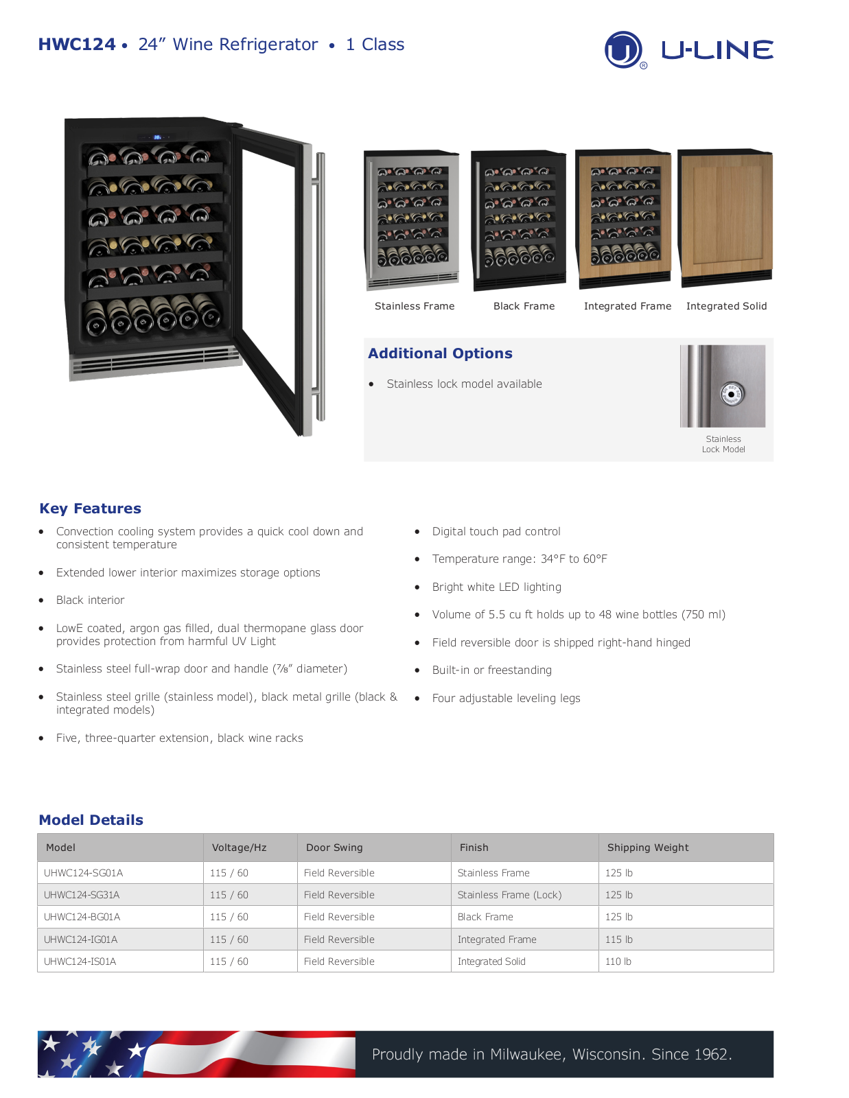 U-Line UHWC124-SG01A, UHWC124-SG31A, UHWC124-BG01A, UHWC124-IG01A, UHWC124-IS01A Specification Sheet