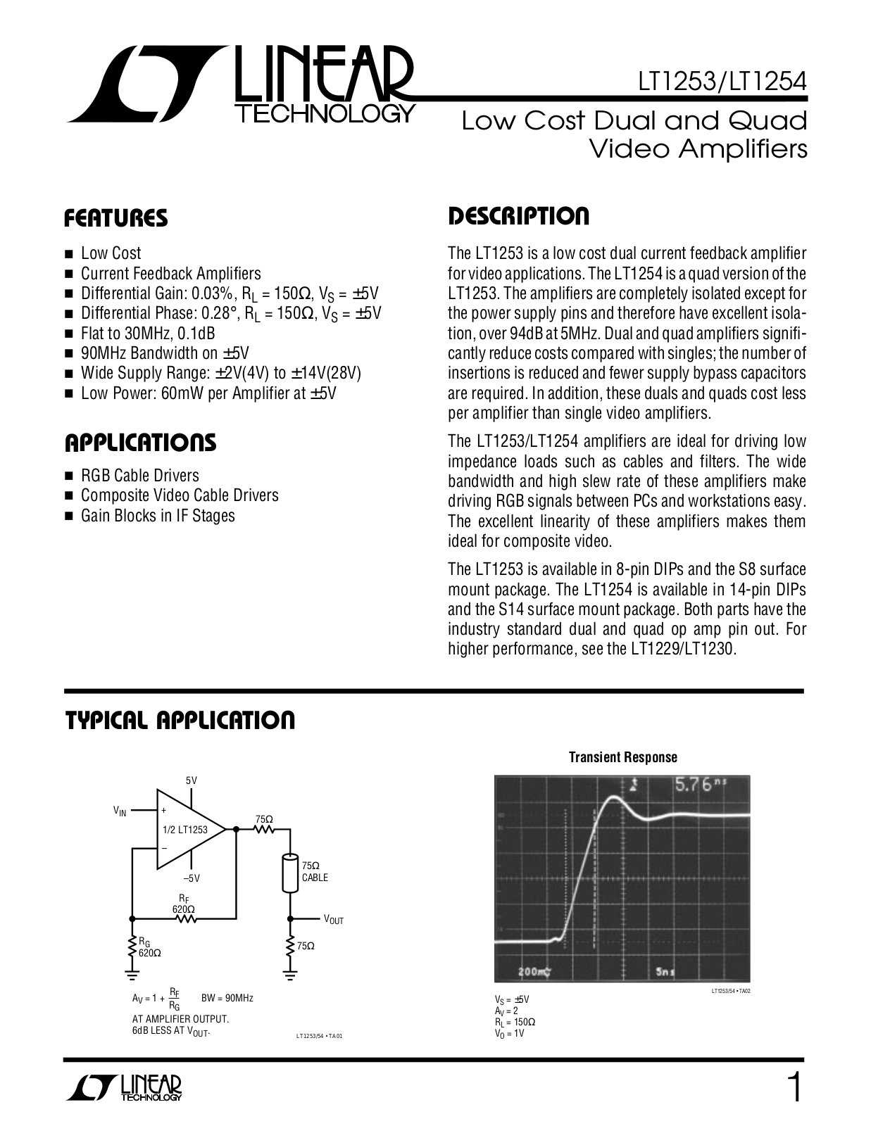 Linear Technology LT1254, LT1253 Datasheet