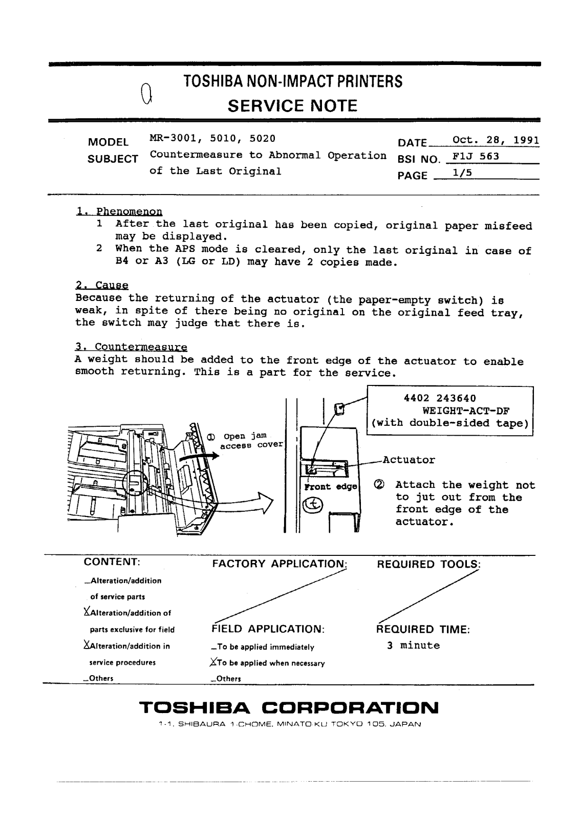 Toshiba f1j563 Service Note