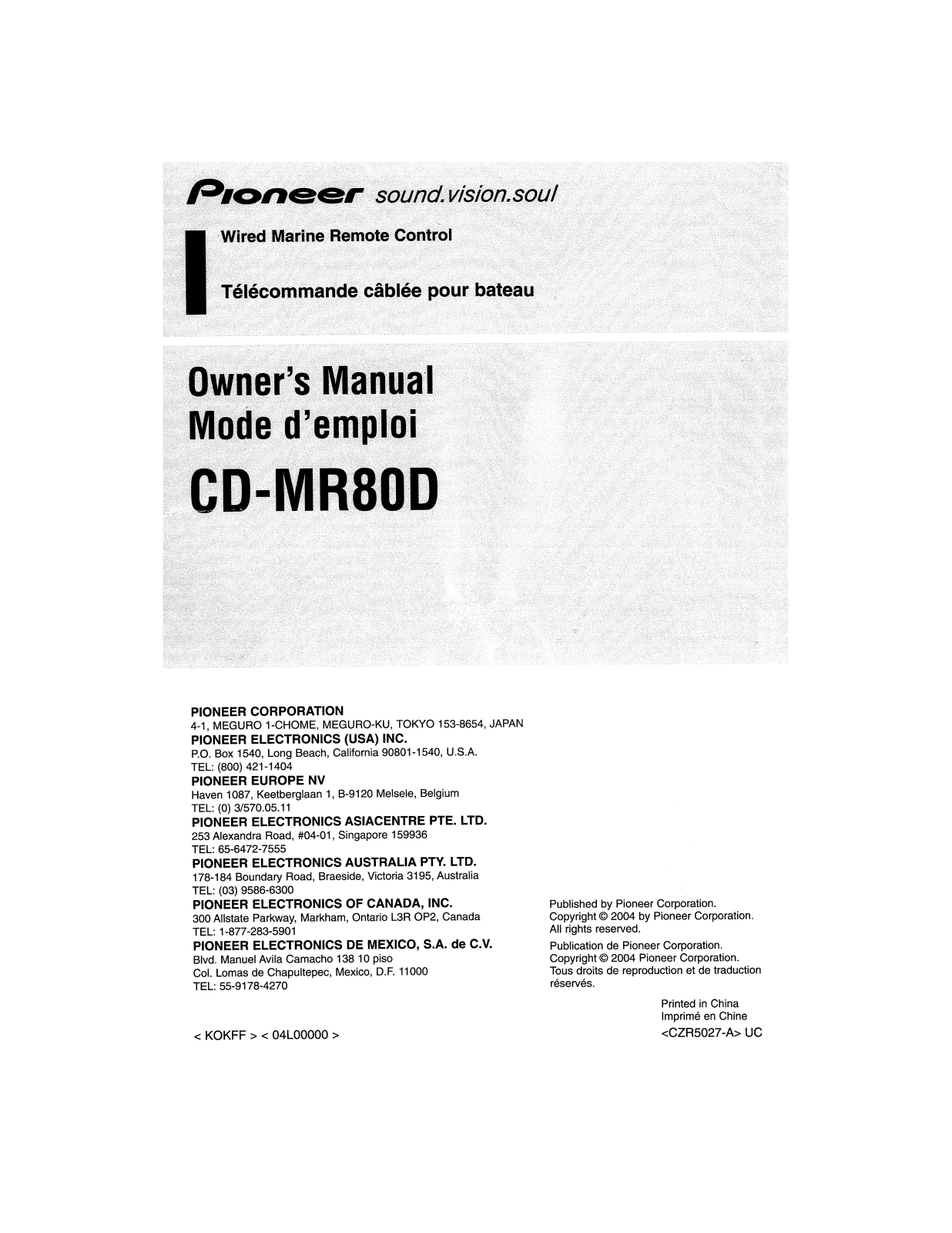 Pioneer CD-MR80D Owner's Manual