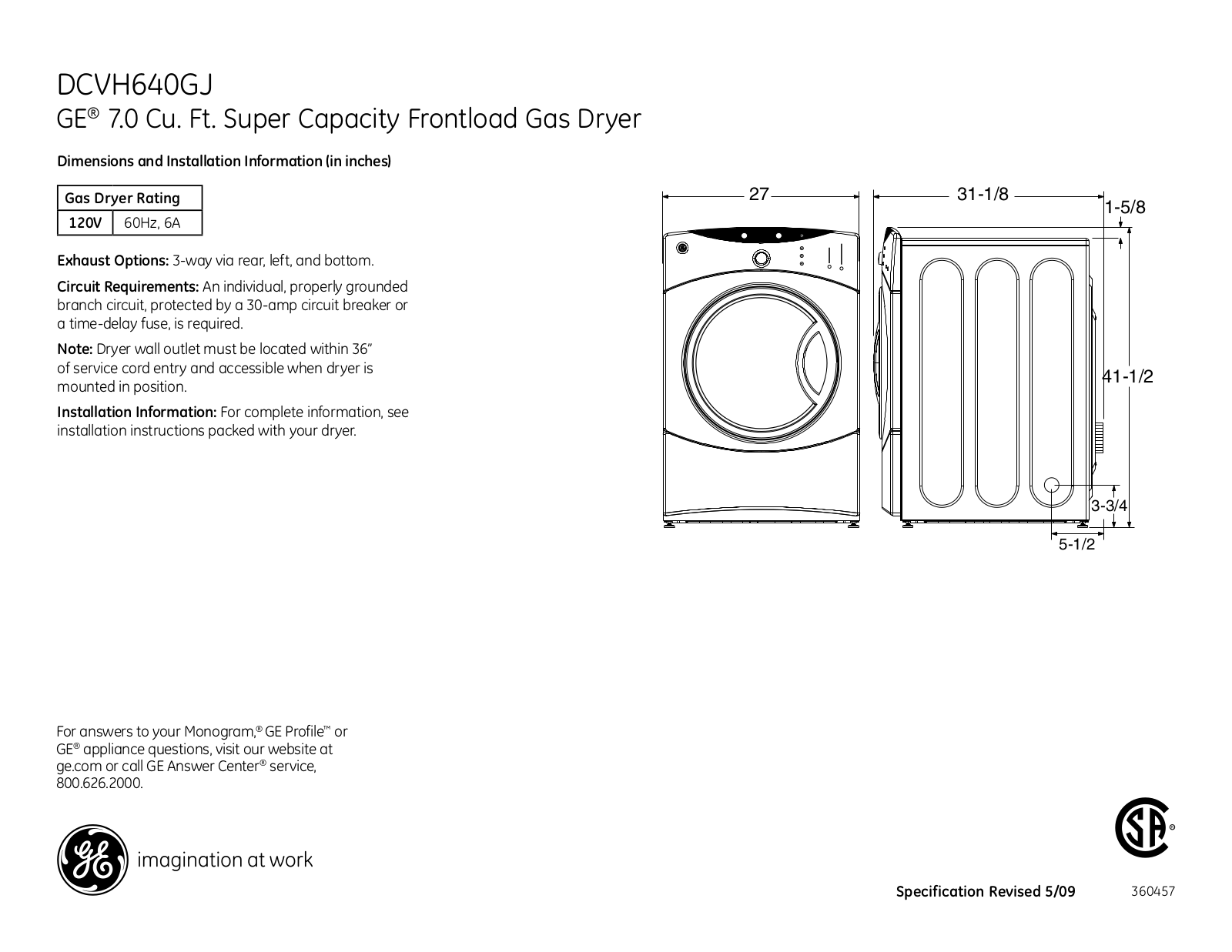 GE DCVH640GJ Specification