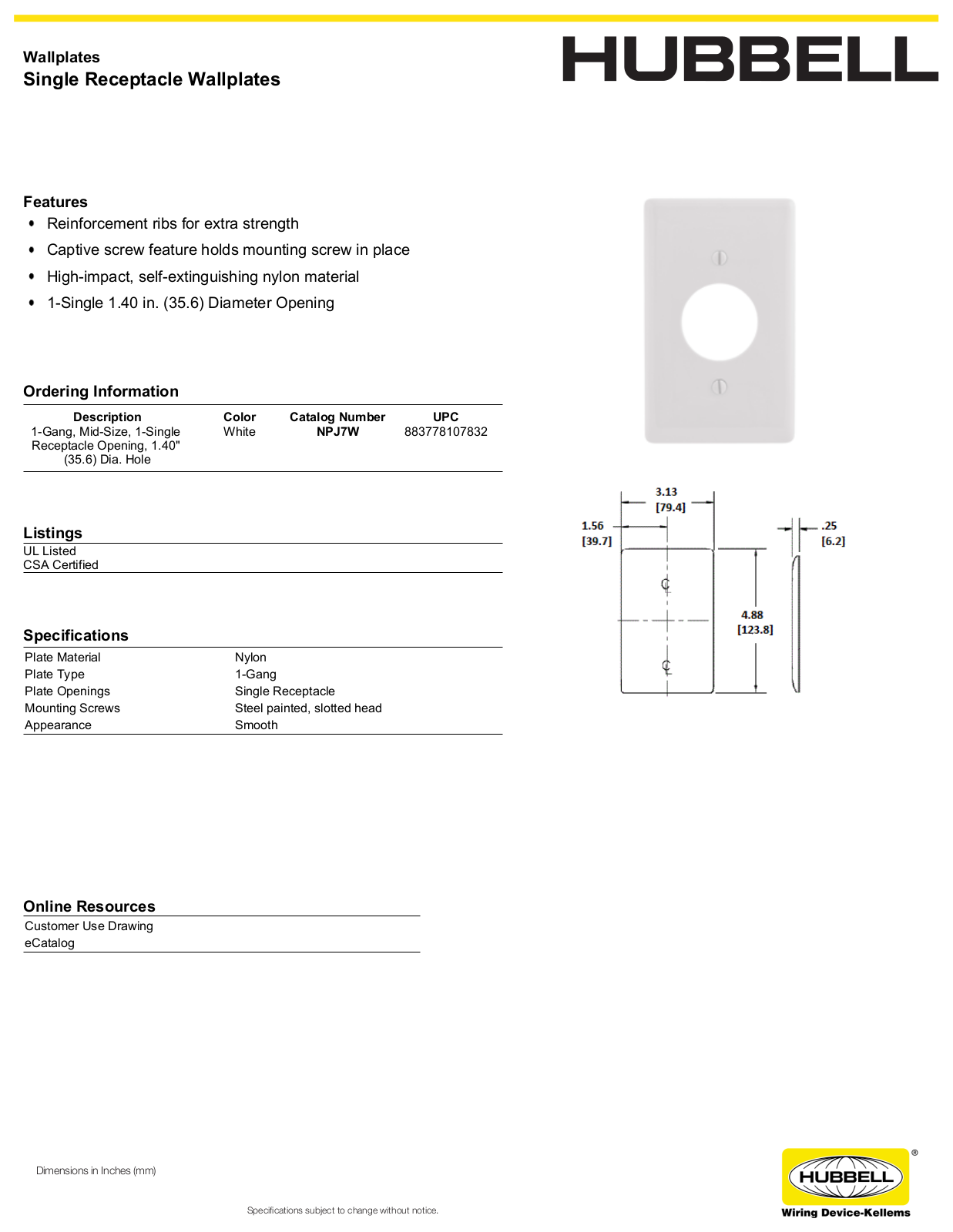 Hubbell NPJ7W Specifications