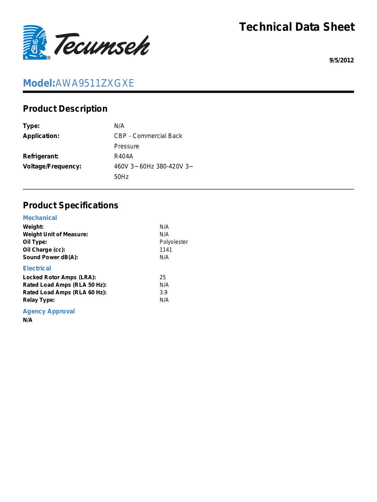 Tecumseh AWA9511ZXGXE User Manual