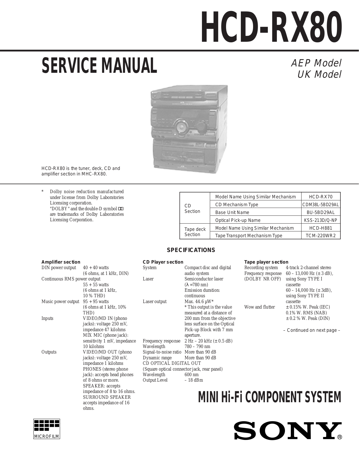 Sony HCD RX80 Service Manual