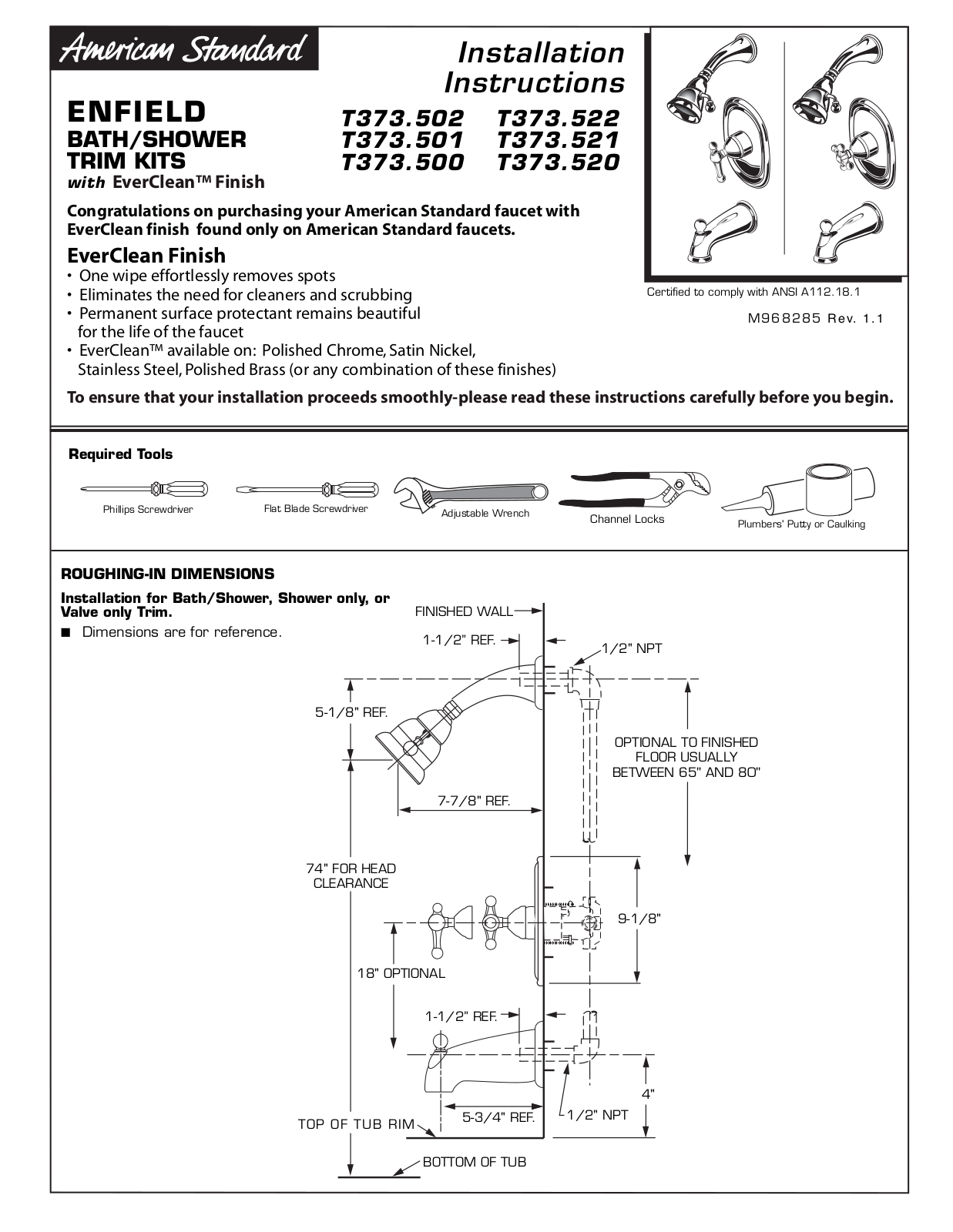 American Standard T373.500, T373.521, T373.501, T373.520, T373.522 User Manual