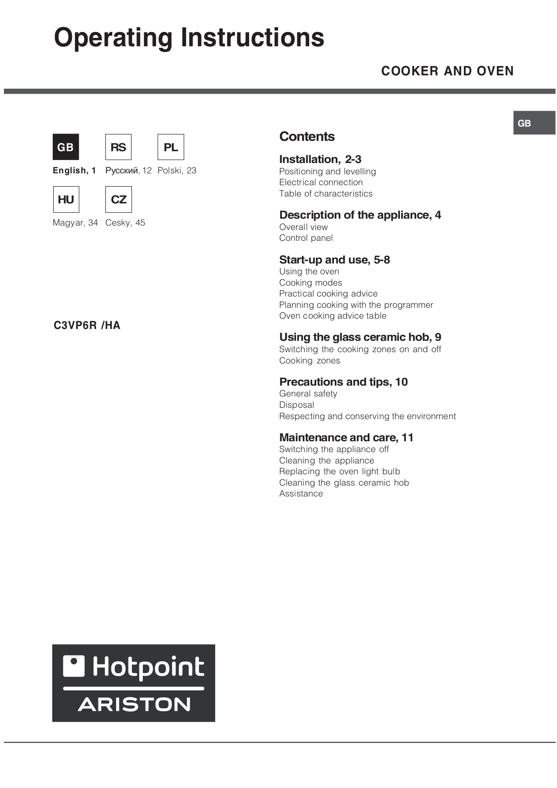 Hotpoint Ariston C 3 VP6 RHA User Manual