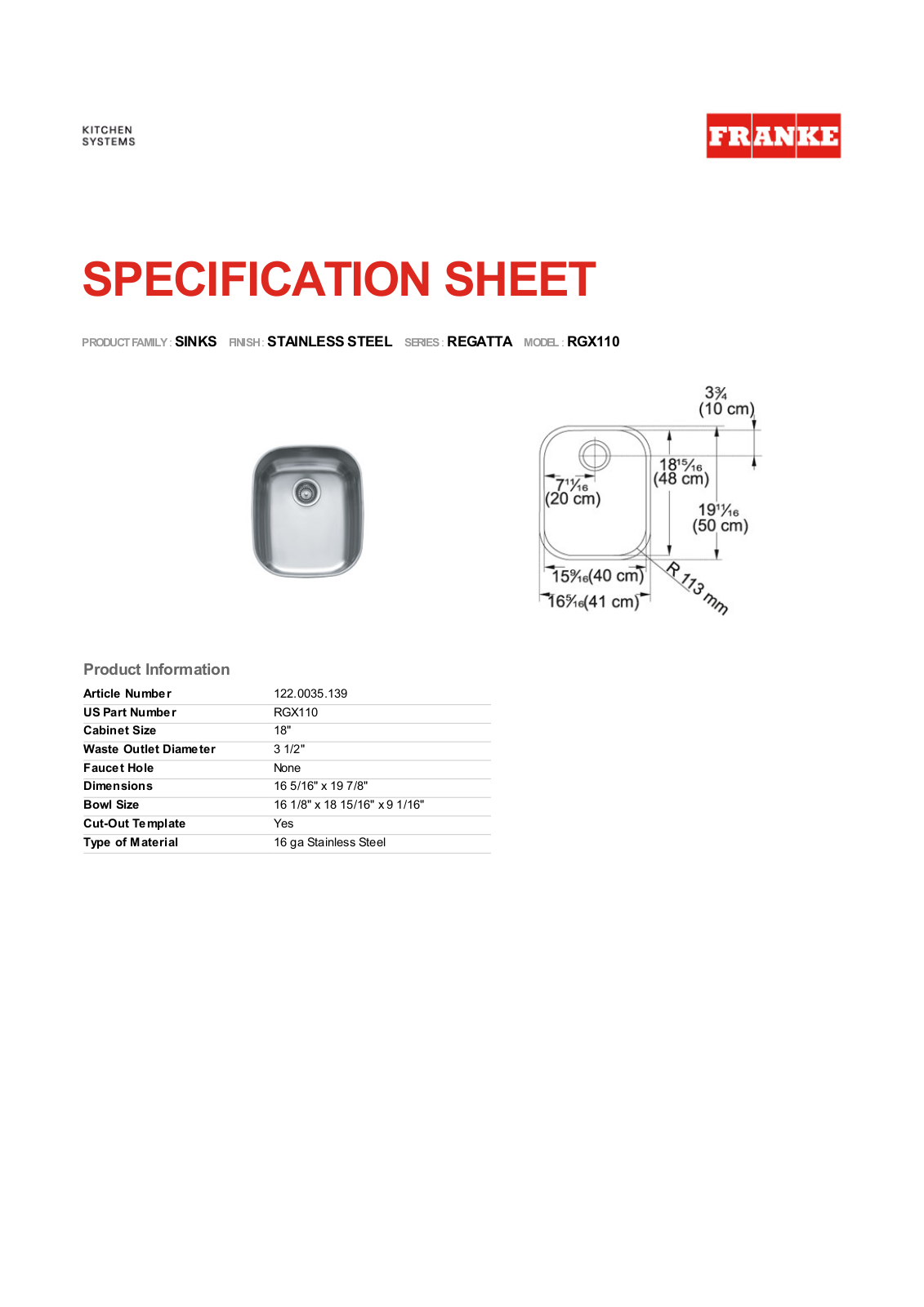 Franke Foodservice RGX110 User Manual