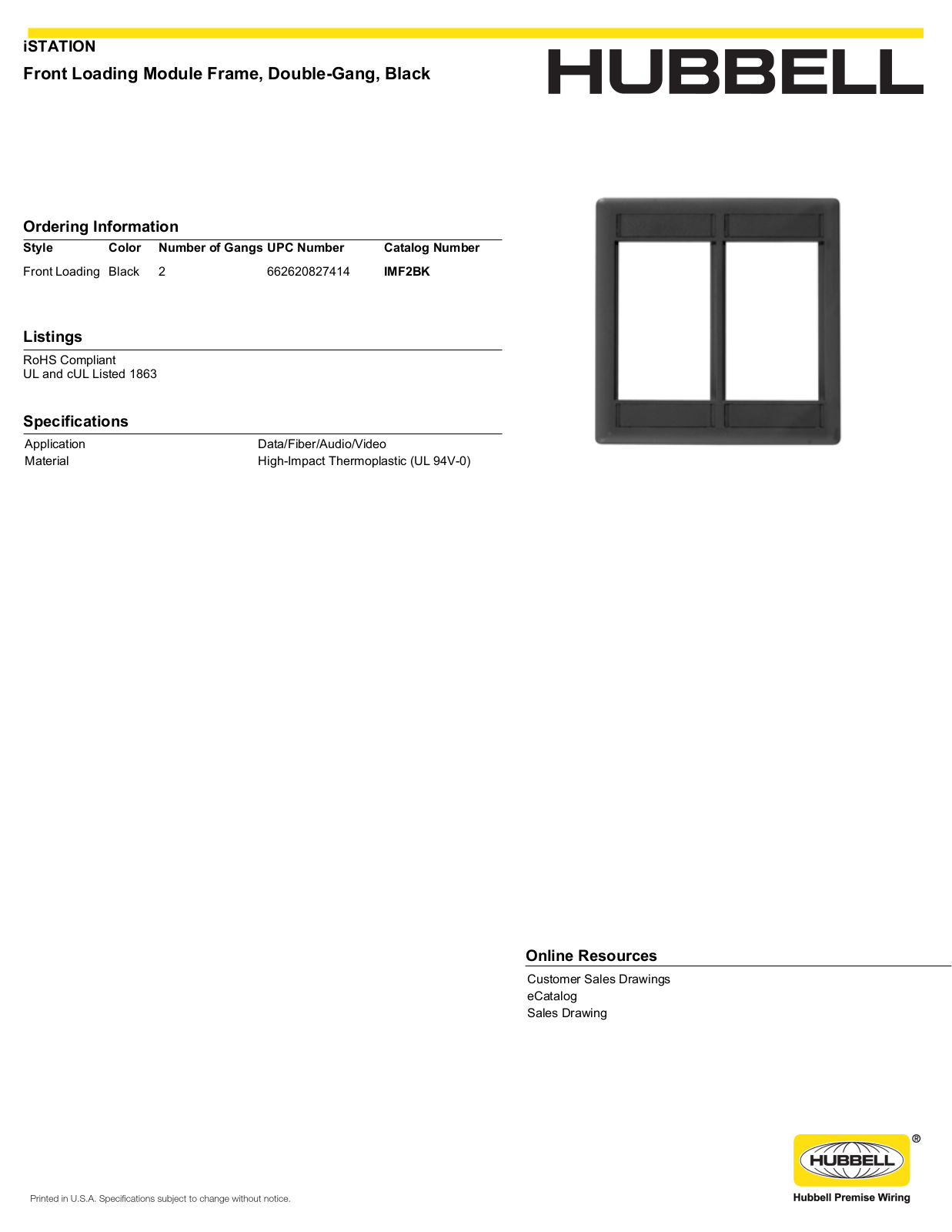 Hubbell IMF2BK Specifications