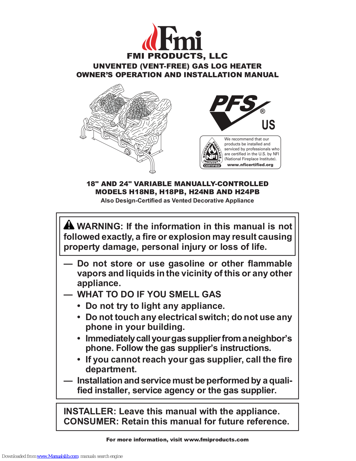 FMI H18NB, H24NB, H18PB, H24PB Owner's Operation And Installation Manual