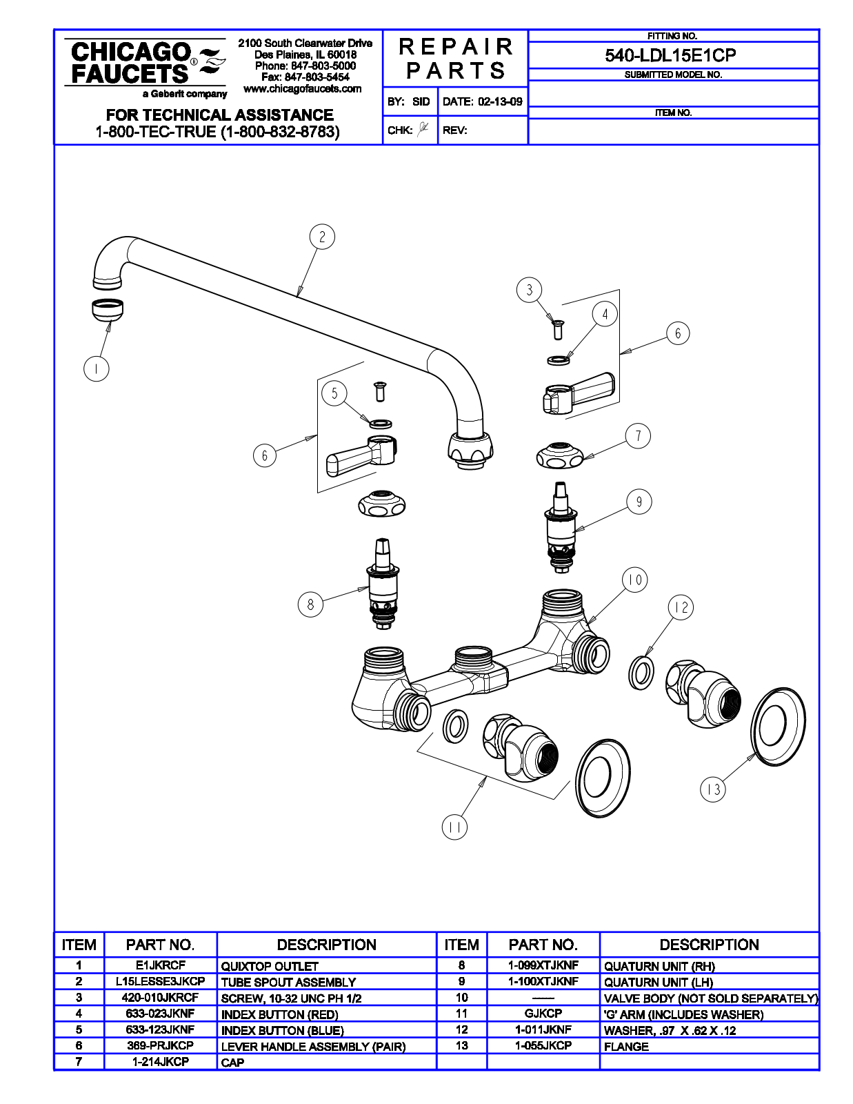 Chicago Faucet 540-LDL15E1CP Parts List